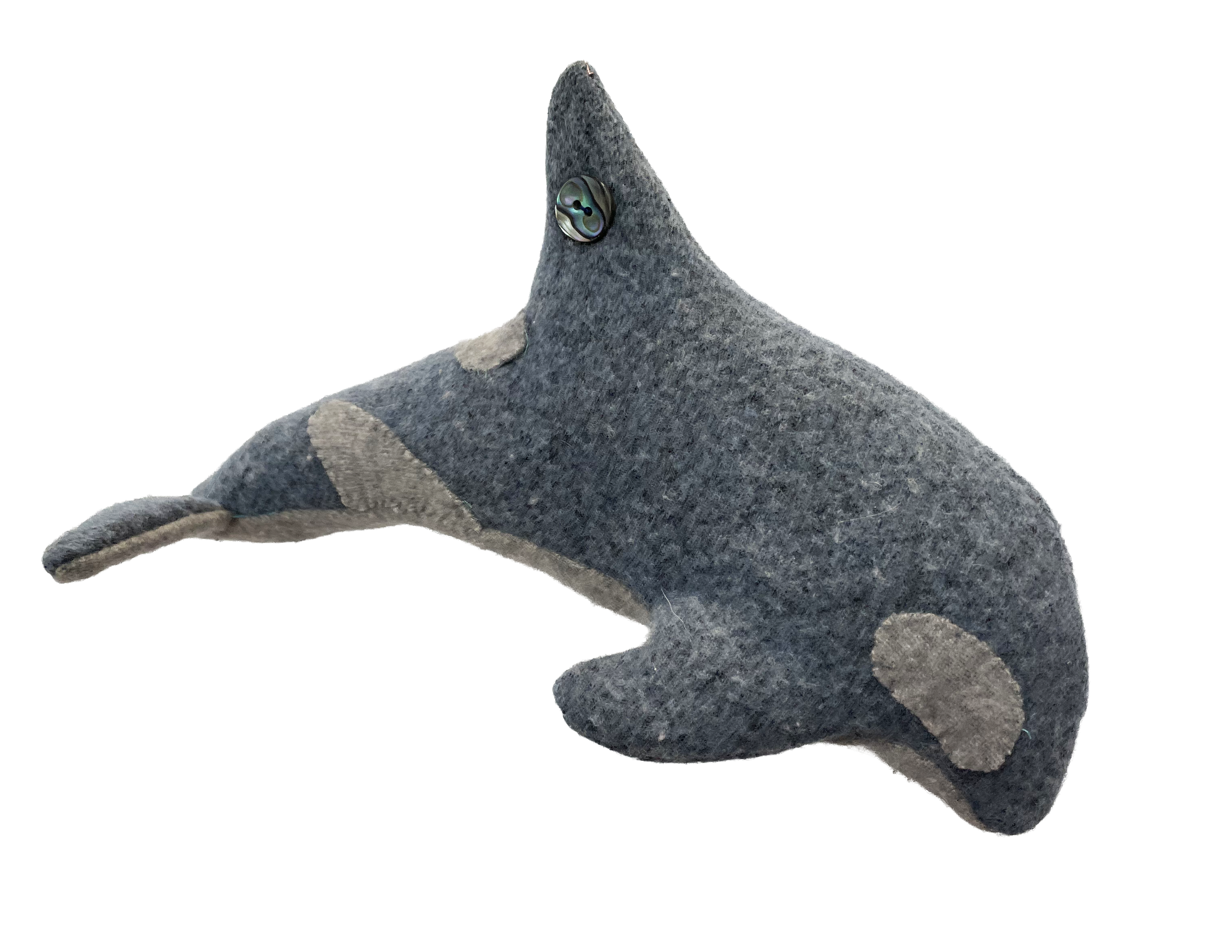 Handsewn Orca (2025) Wool, cotton thread, abalone buttons