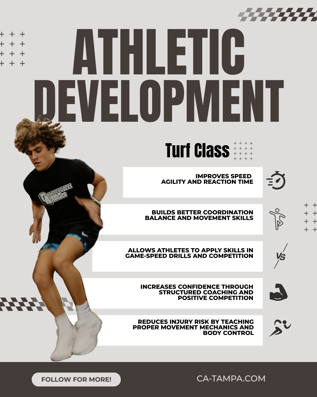 Infographic about athletic development focusing on turf classes, featuring a young male athlete in mid-action, with text highlighting benefits such as improved speed, agility, verticcal,coordination, confidence, and injury prevention.