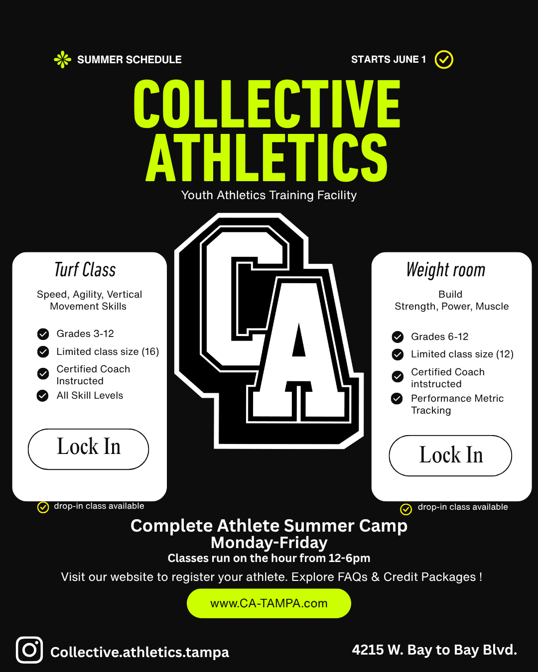Poster advertising summer athletic classes at a youth training facility. It features two classes: Turf Class for grades 3-12 focusing on speed and movement skills, and Weight Room for grades 6-12 building strength and power. Each class is limited in size, taught by certified coaches, with additional features like performance tracking. Registration info, website, and contact details included.