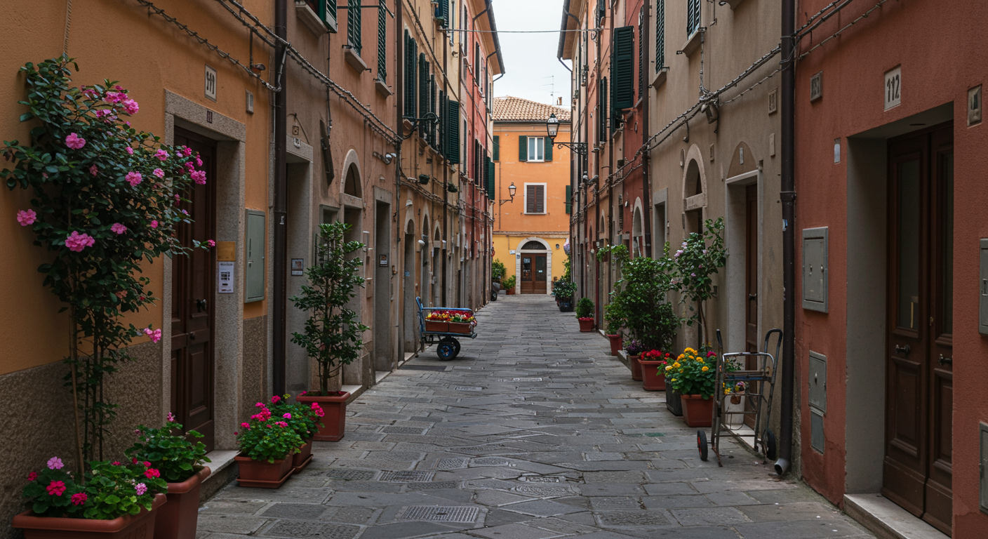 Colorful narrow European alleyway with potted plants and flowers, closed doors, and string lights overhead.