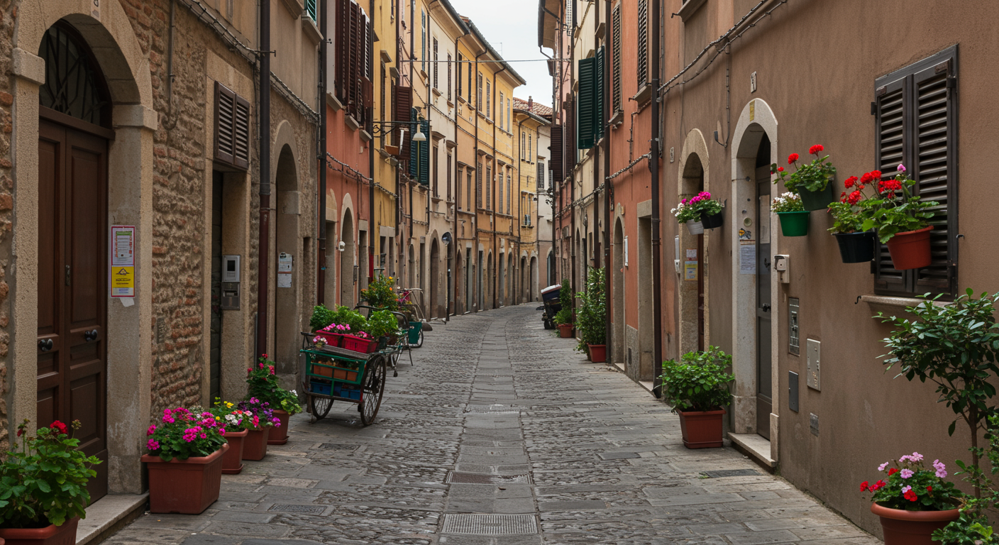 A narrow cobblestone street lined with colorful buildings and potted plants with flowers.