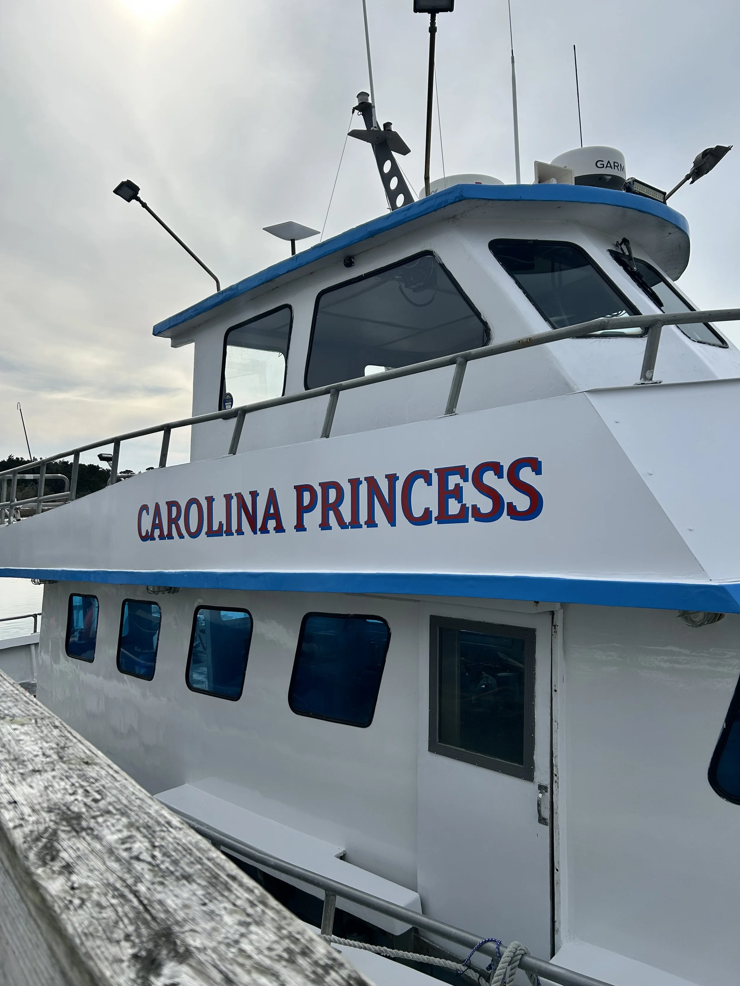 Close-up of a white boat named 'Carolina Princess' docked at a pier, with windows and various antennas and radar equipment on top, under a cloudy sky.