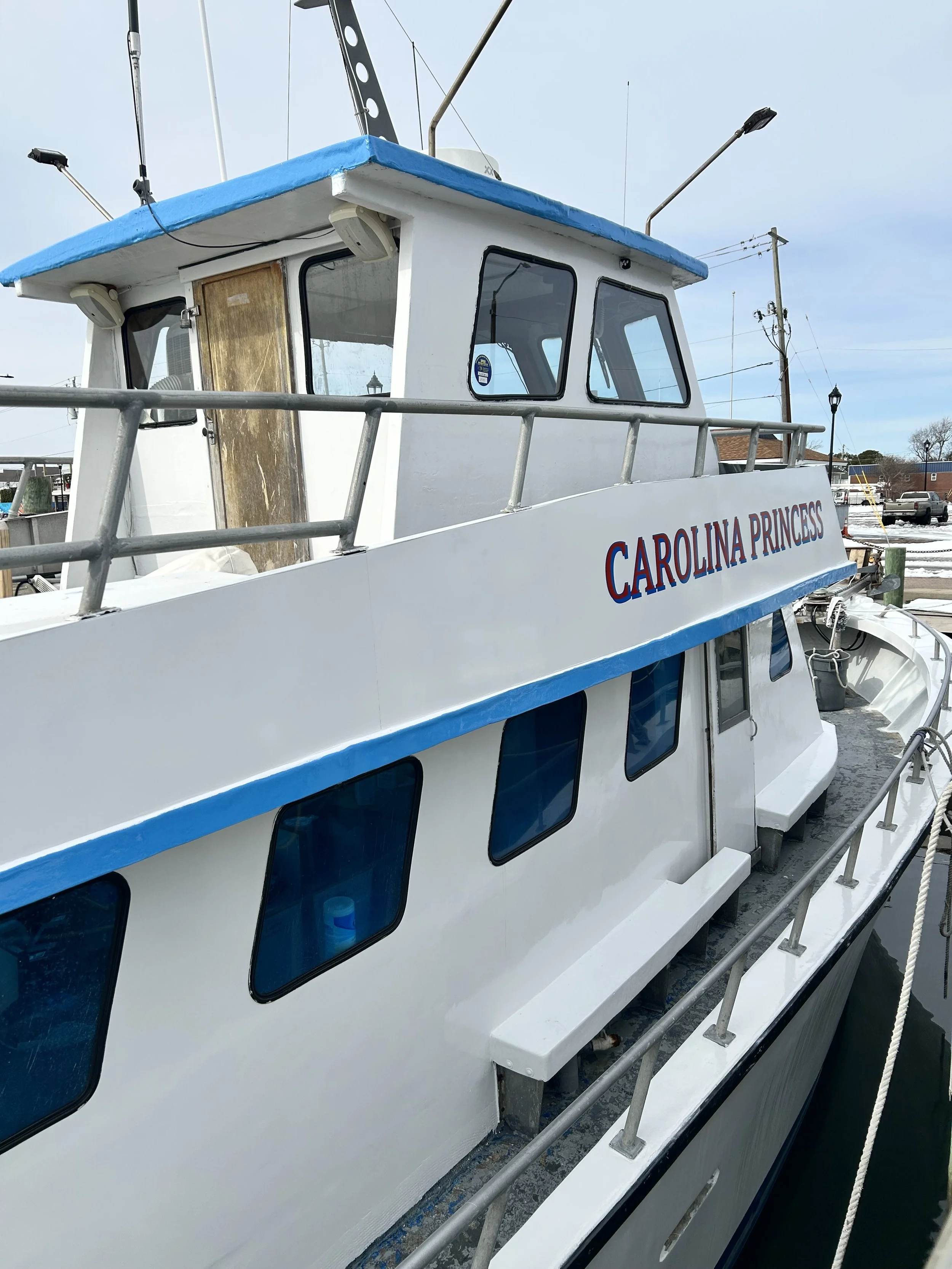 White boat with blue trim named Carolina Princess docked at a marina with windows, railing, and equipment on the roof. A parking lot with cars and utility poles in the background under a cloudy sky.