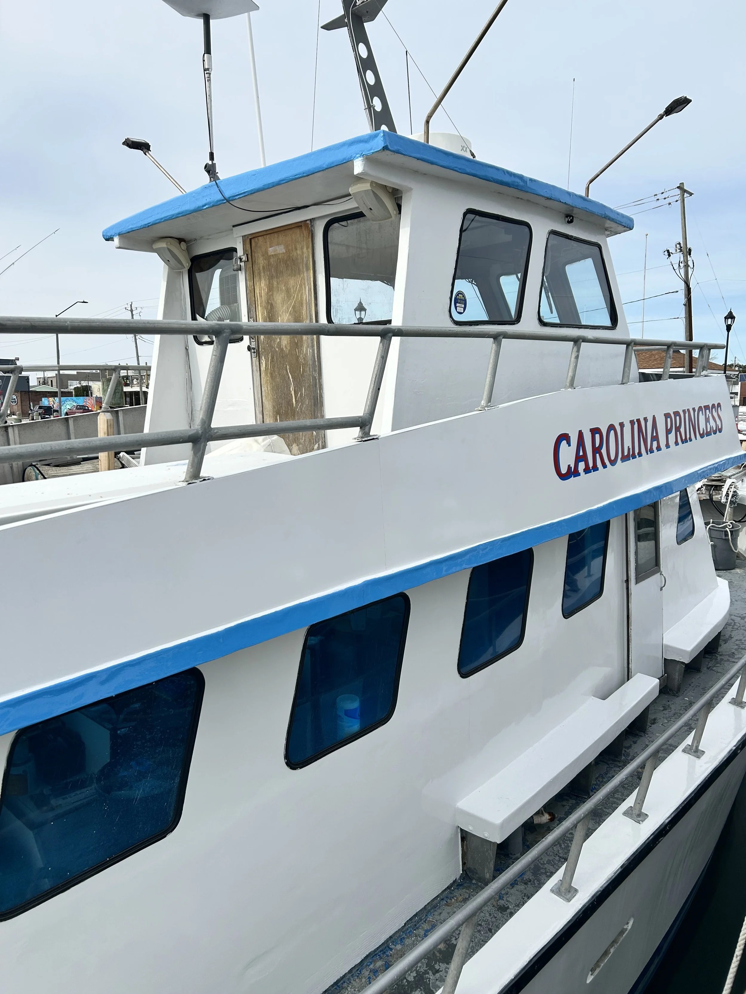 A white boat named Carolina Princess docked at a marina. The boat has several black-tinted windows, a blue stripe along the bottom, and a blue roof. There are antennas and lights on top of the boat and a metal railing along the edge.