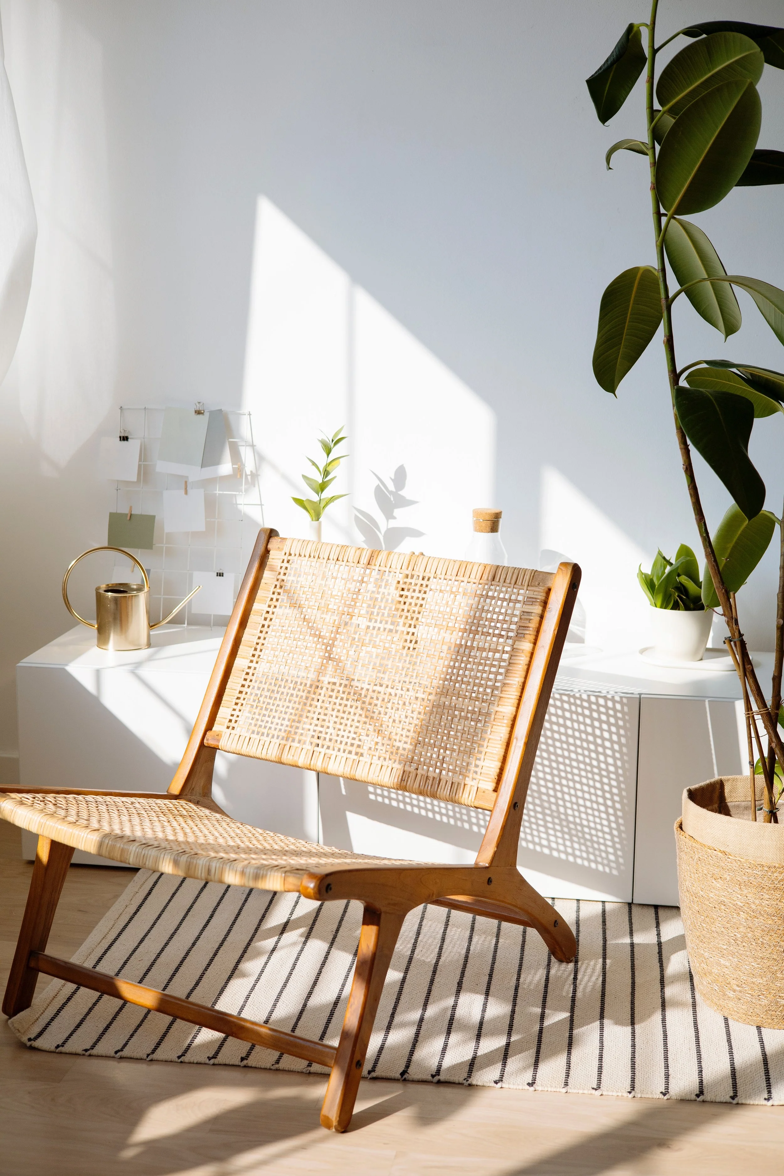 Bright, minimalist interior with a wicker chair and houseplants, sunlight streaming through the window.