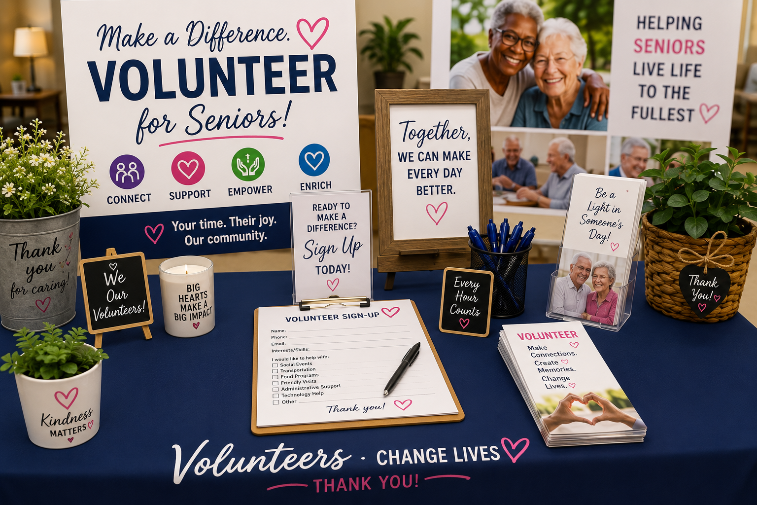 Table setup for senior volunteer recruitment with signs, pens, and plants. Main sign reads 'Make a Difference. Volunteer for Seniors!' with icons and words 'Connect, Support, Empower, Enrich.' Smaller signs say 'Together, we can make every day better,' 'Be a Light in Someone's Day,' and 'Thank you for caring!' There are sign-up sheets, motivational signs, and a photo of smiling seniors, emphasizing community and change.