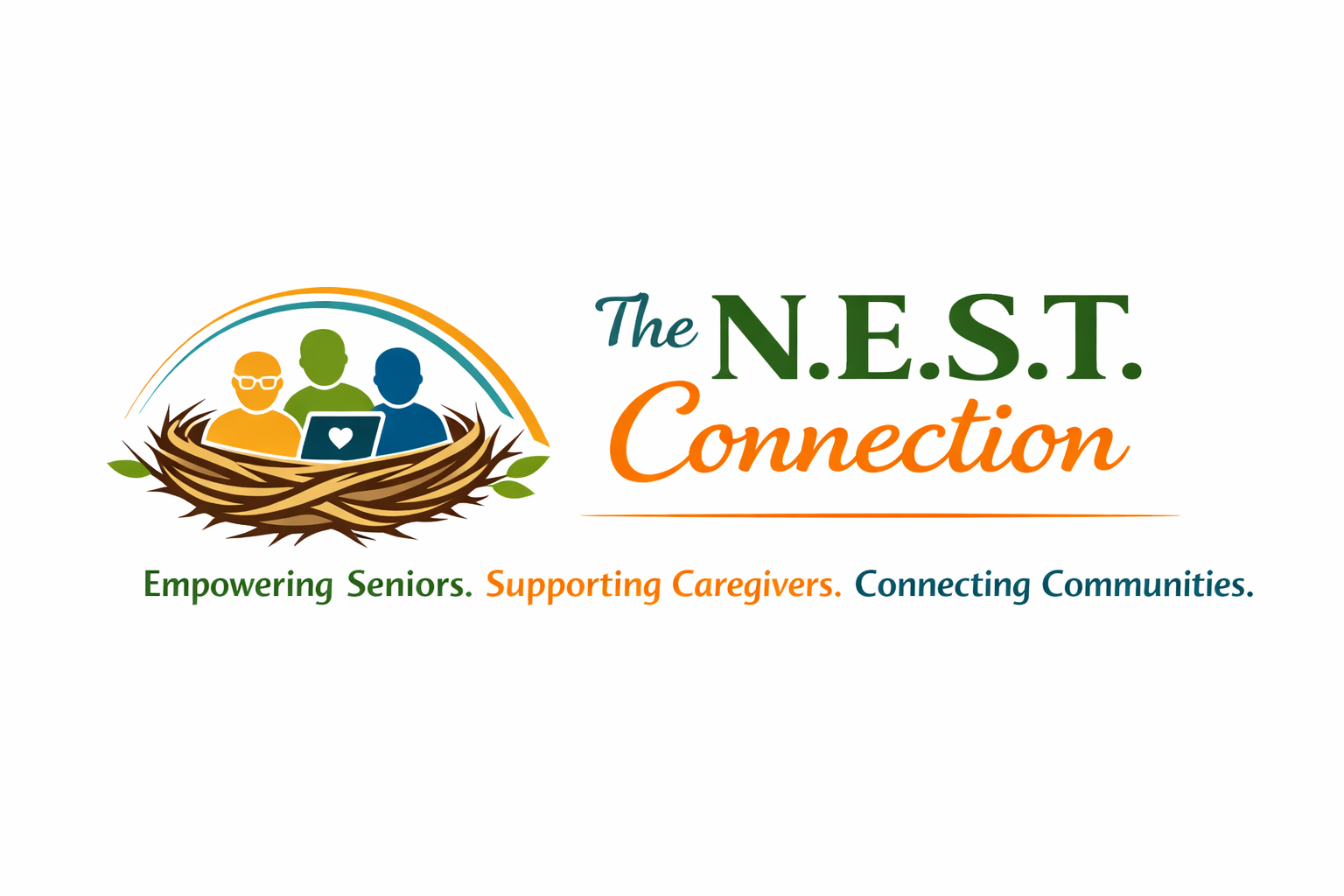 Logo for The N.E.S.T. Connection featuring three seniors in a nest with leaves and a rainbow, accompanied by the tagline "Empowering Seniors. Supporting Caregivers. Connecting Communities."