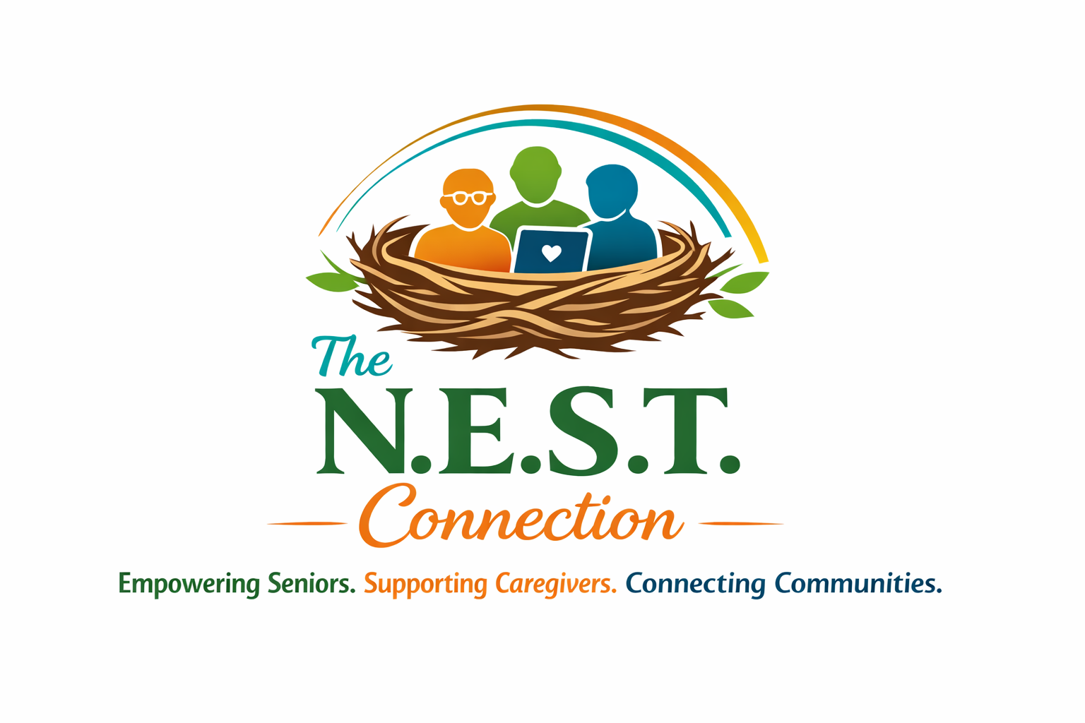 Logo for The N.E.S.T. Connection featuring three diverse seniors inside a bird's nest, with a laptop, above a rainbow and the text 'The N.E.S.T. Connection'. Tagline reads, 'Empowering Seniors. Supporting Caregivers. Connecting Communities.'