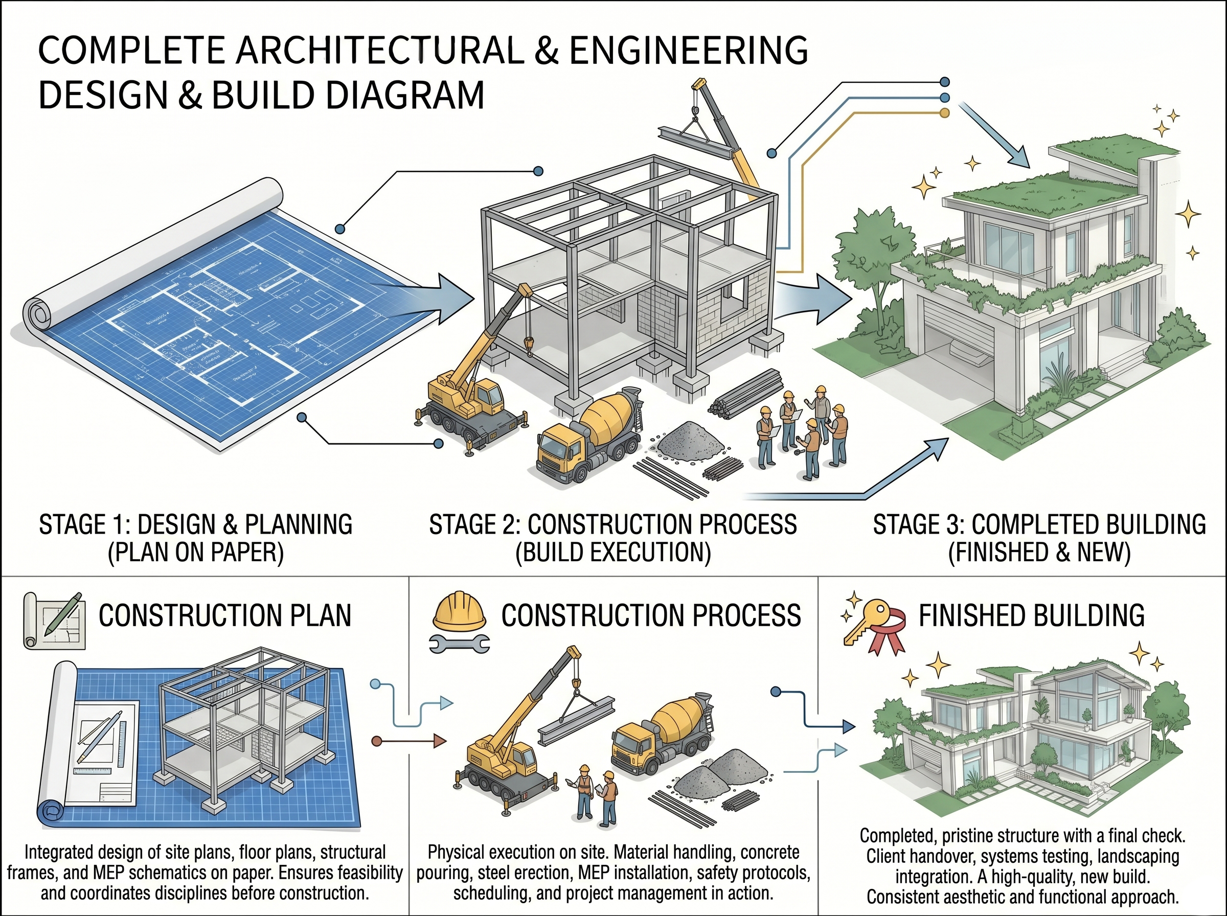 Diagram illustrating the stages of building a house from design and planning to finished structure. Stage 1 shows blueprints and design plans, Stage 2 depicts construction with cranes, concrete mixing, and workers, and Stage 3 displays a completed modern house with landscaping, greenery, and a rooftop garden.