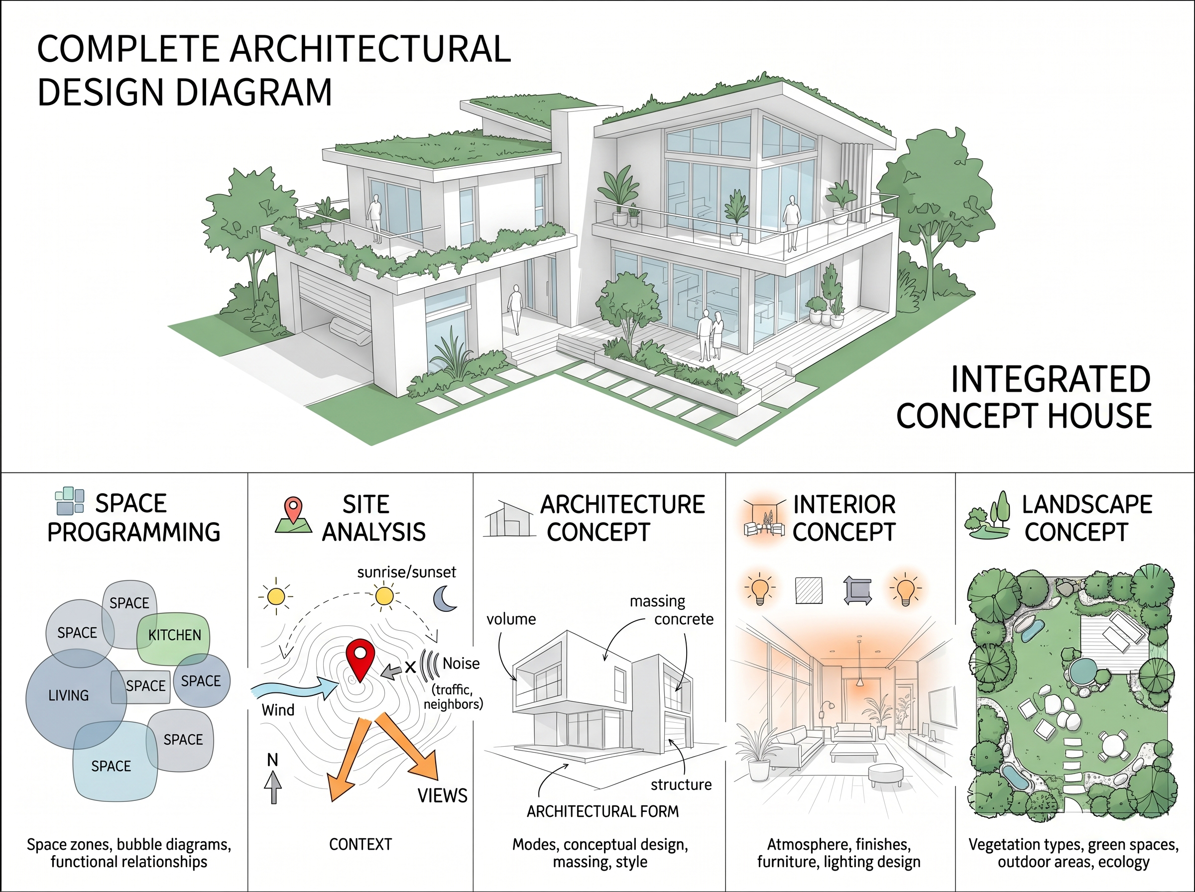 The image features a detailed architectural design diagram of an integrated concept house, showcasing various elements such as space zones, site analysis, architecture concept, interior concept, landscape concept, and related diagrams for environmental analysis, structural design, and aesthetic considerations.