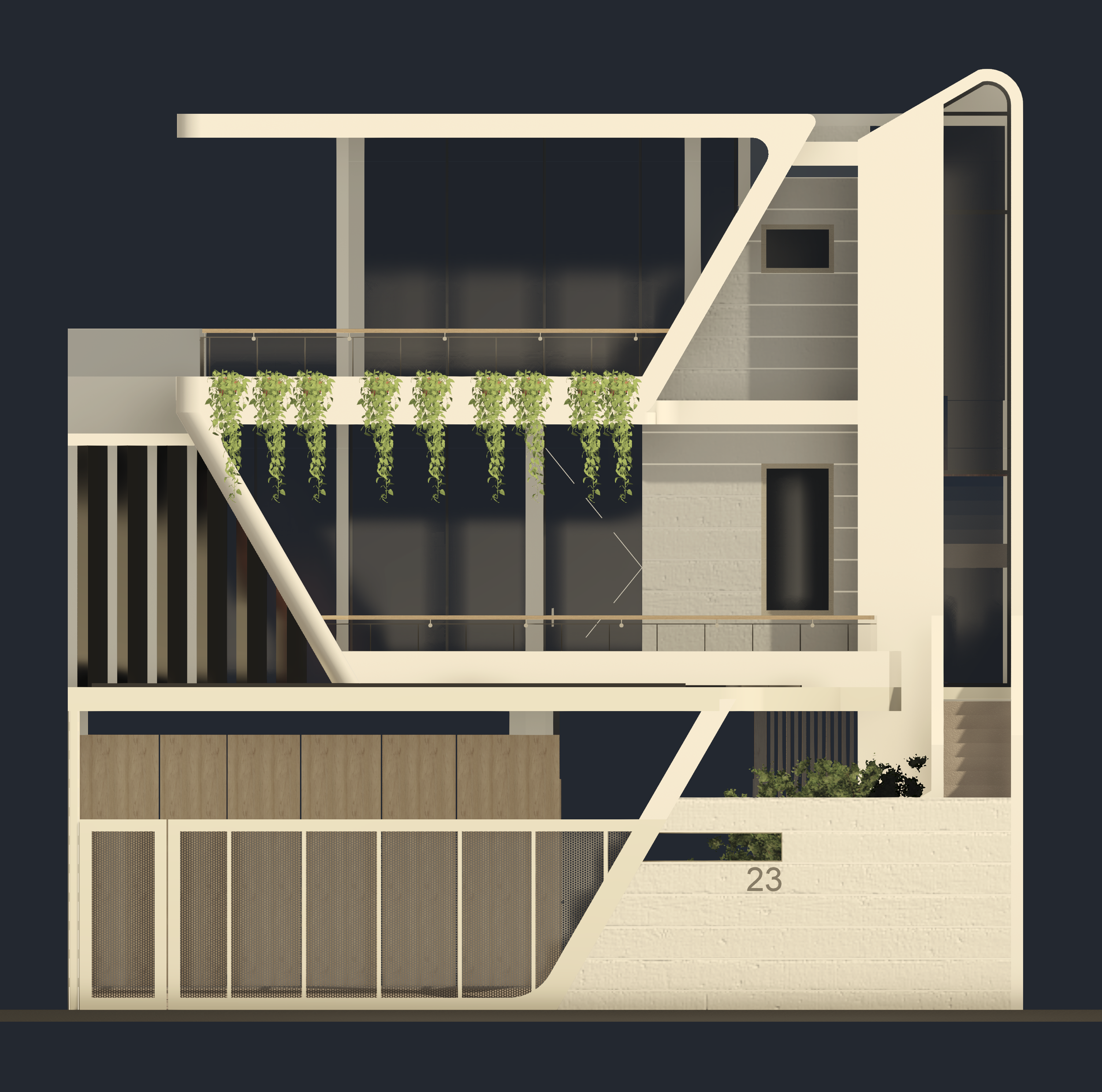 Design rendering of a modern building facade with a balcony featuring hanging plants, a corner window, and geometric architectural details against a dark background.