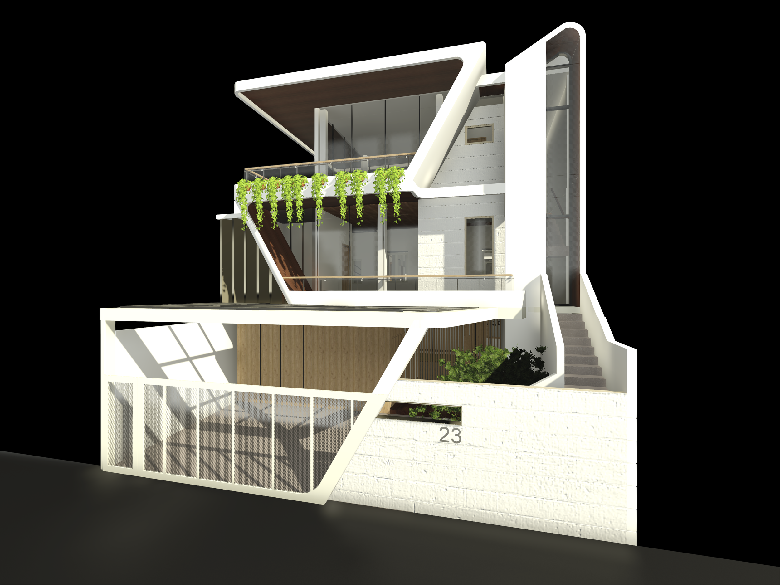 A modern multi-story house with a unique architectural design, featuring a balcony with hanging plants, large glass windows, and a staircase leading to the upper level.