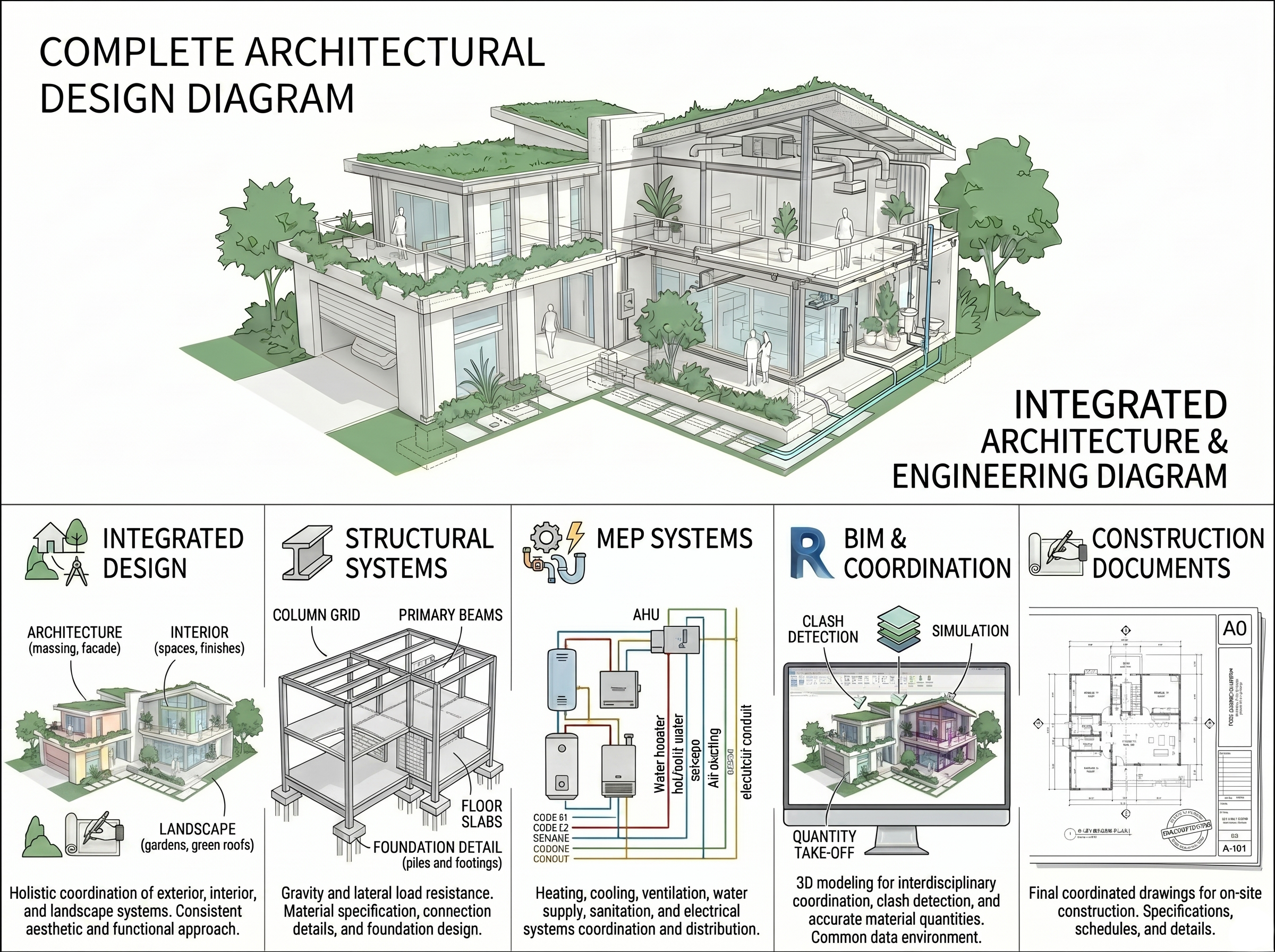 A detailed architectural design diagram of a modern multi-story house with green rooftops, surrounded by trees and landscaped gardens. The diagram includes sections showing structural systems, interior spaces, landscape, and various engineering components.