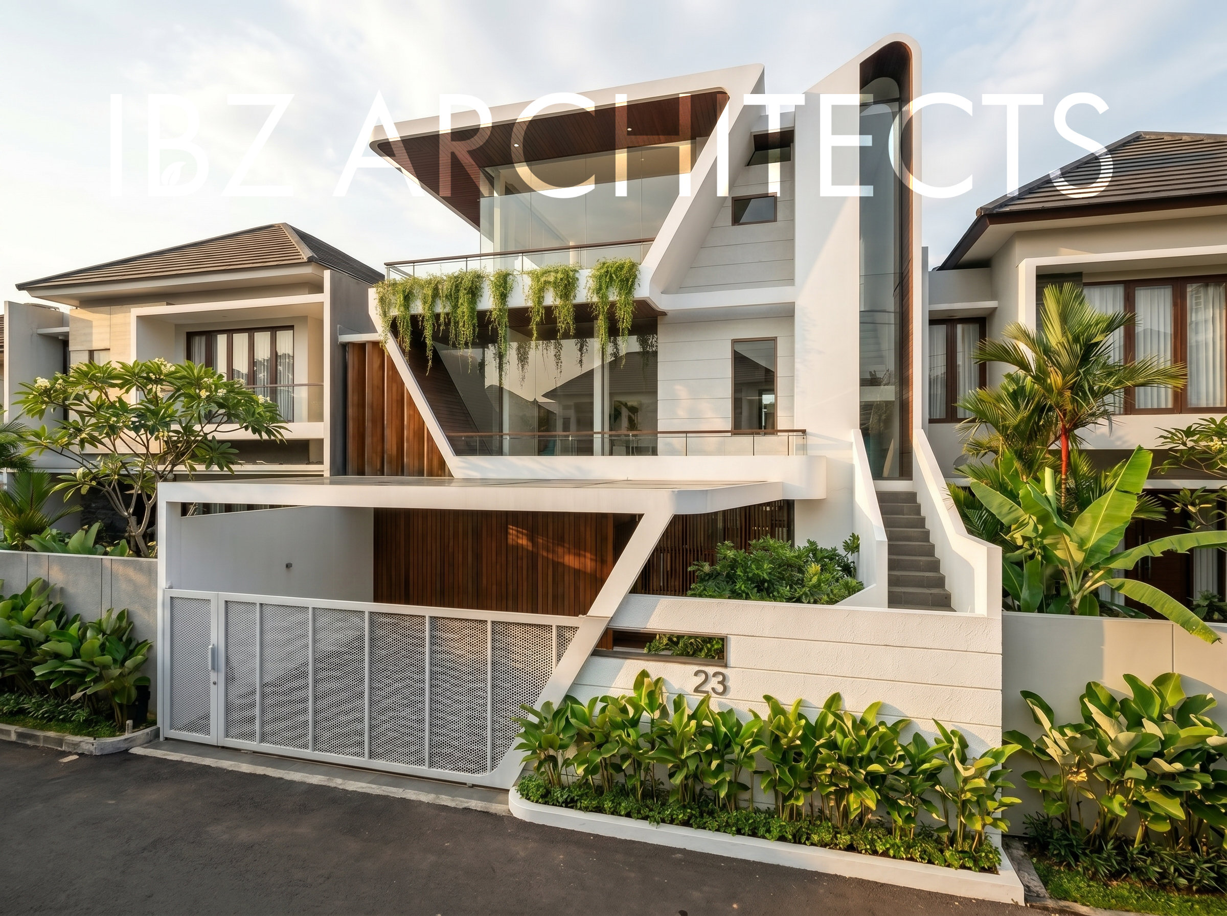 Modern multi-story house with unique architectural design, large glass windows, green plants on balcony, white exterior, brown roof, and a gated entrance with plants surrounding the property.