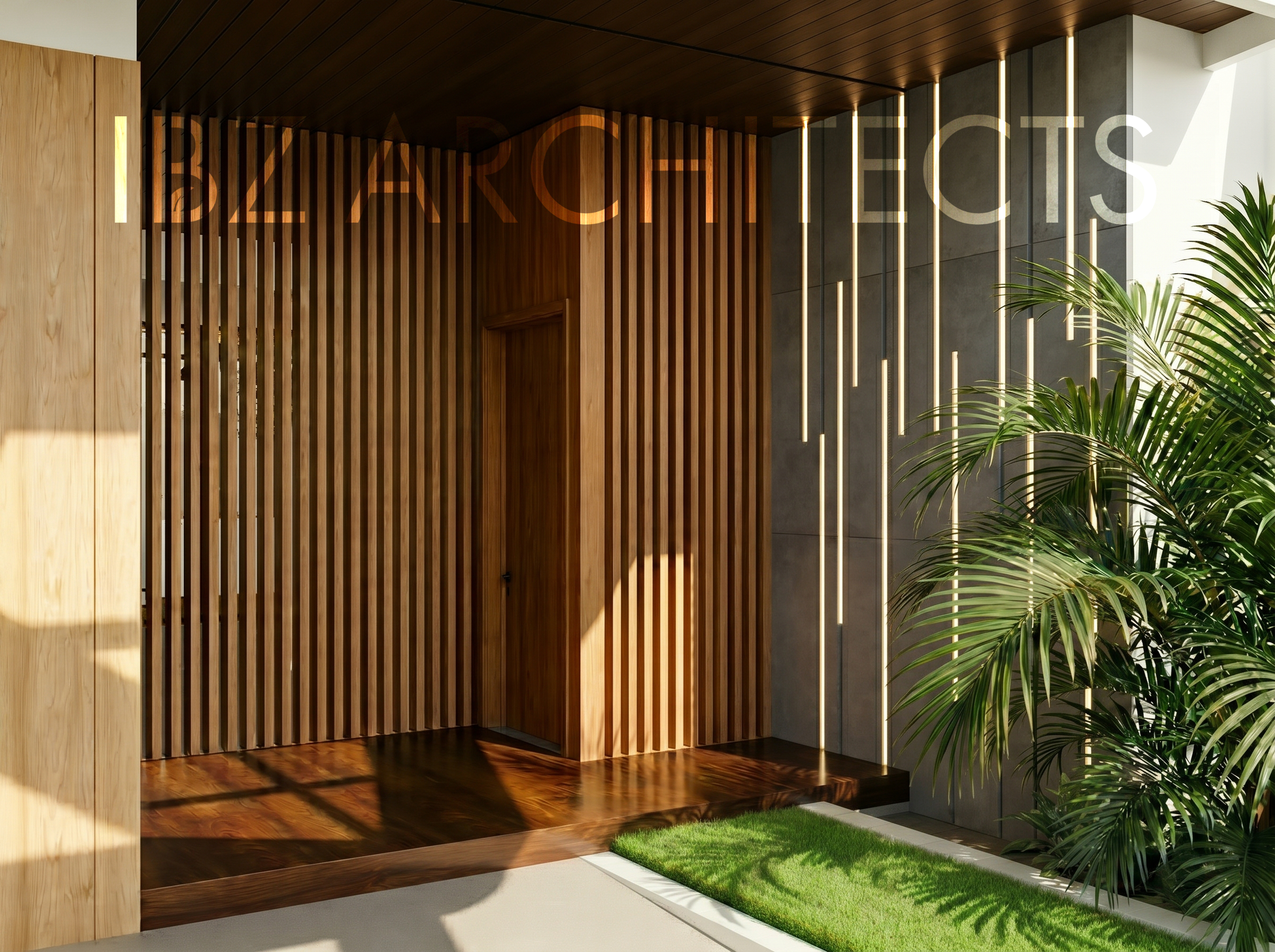 Modern interior with wooden slat wall, vertical LED strip lighting, and potted plant on a patch of grass.