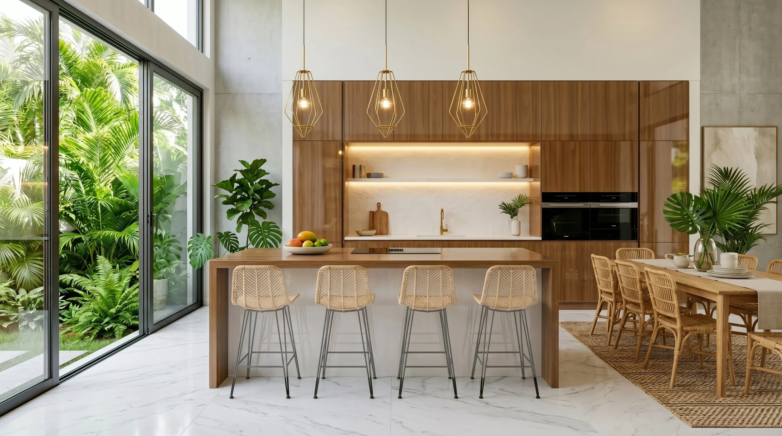 Modern kitchen with wooden cabinetry, a large island with chairs, and a dining table with chairs. Large glass sliding doors open to a lush green outdoor garden.