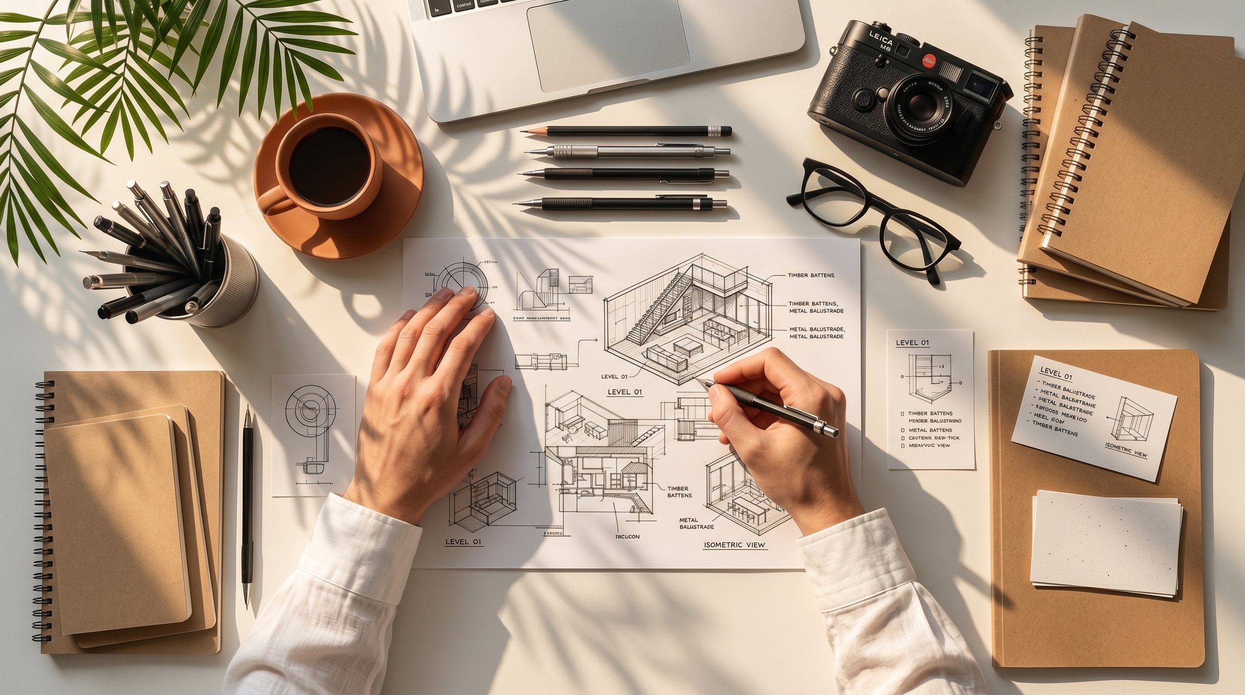 A person working on architectural plans at a white desk with notebooks, pens, Pencils, a camera, glasses, a laptop, a cup of coffee, and plant leaves casting shadows.