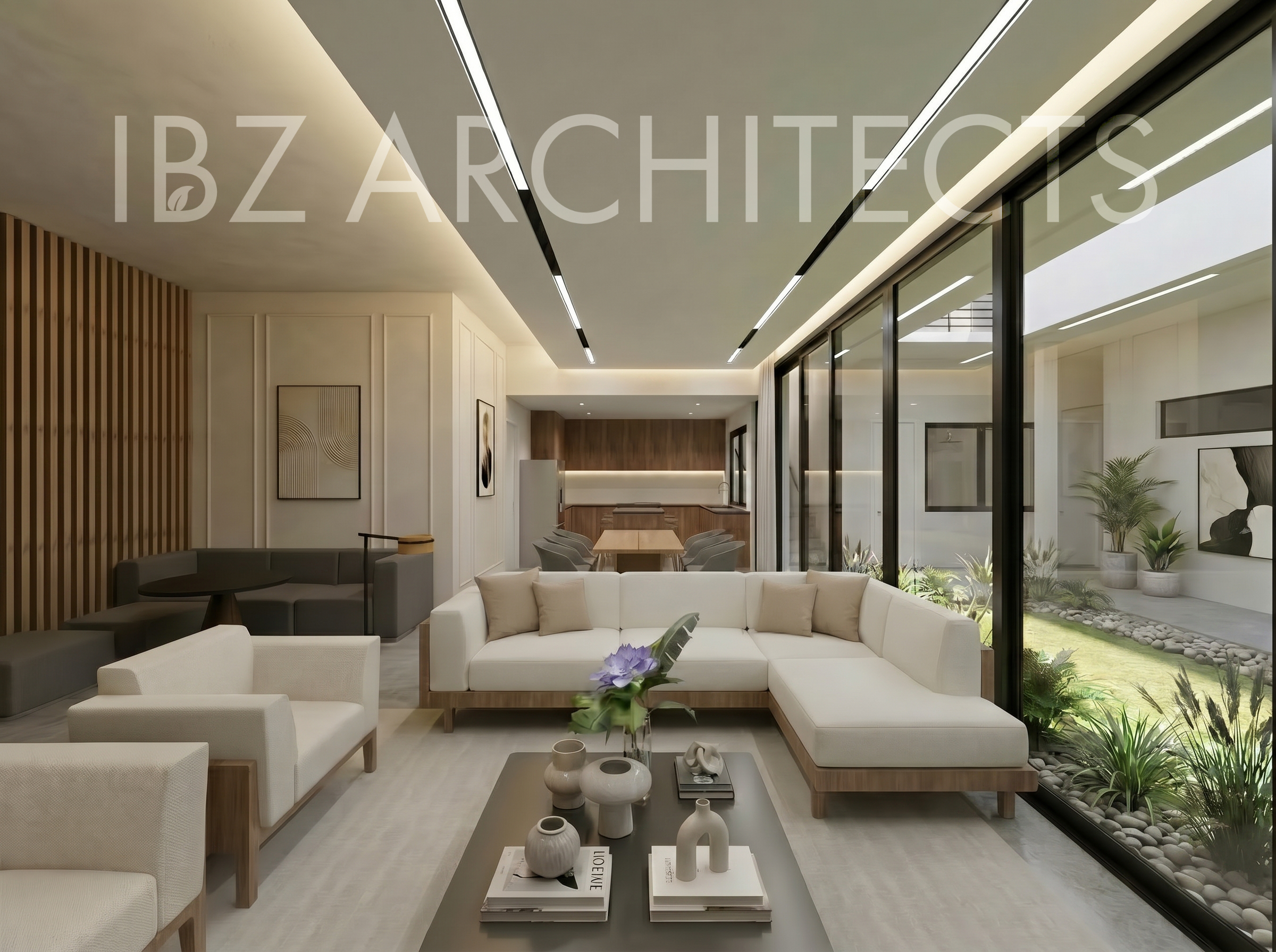 Modern living room with white sofa, armchairs, wooden coffee table, decorative vases and books, large floor-to-ceiling glass windows showing a small garden with rocks and plants, minimalist wall art, and ceiling with continuous recessed lighting.
