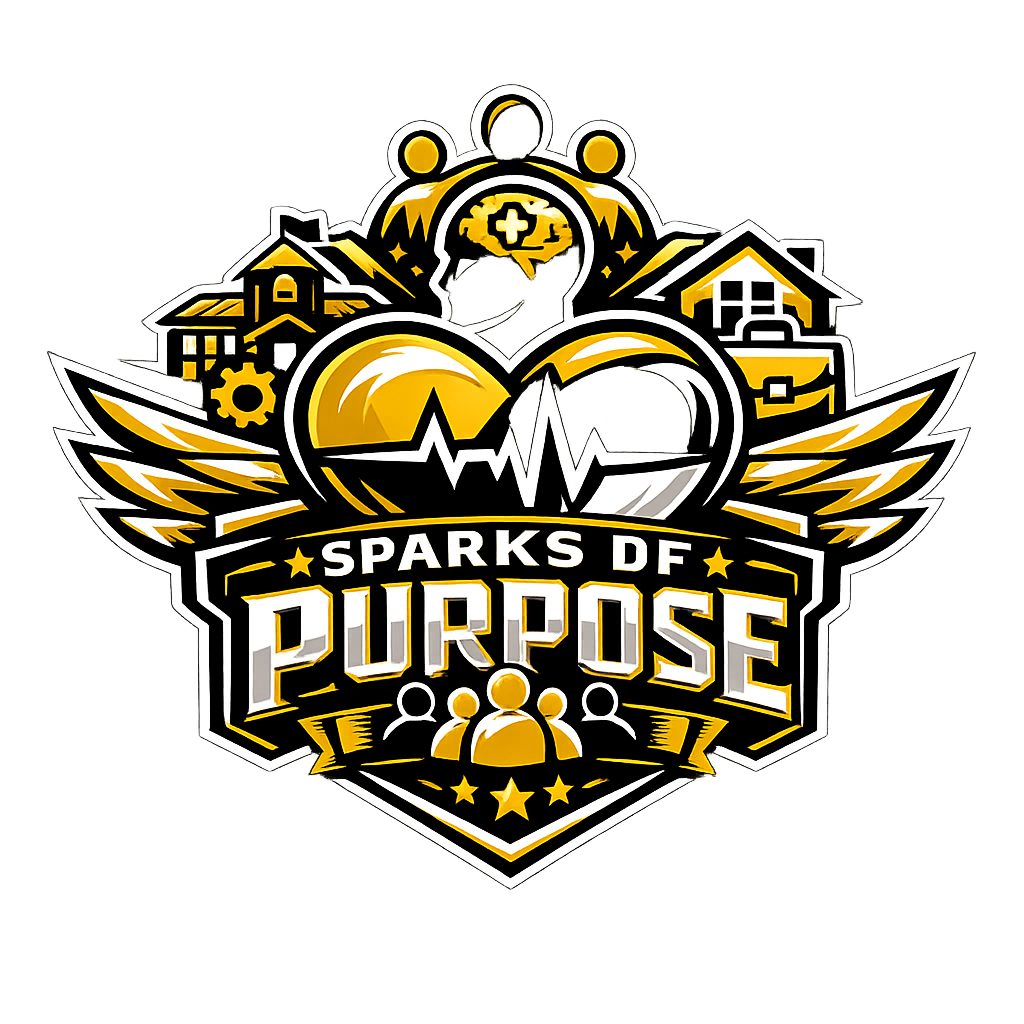 A graphic logo featuring a heart with a heartbeat line, surrounded by gears, buildings, and a healthcare symbol, with the text "Sparks of Purpose" displayed prominently.