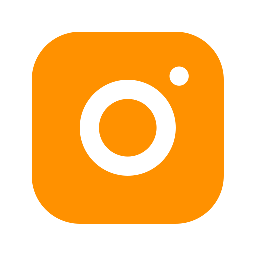 Orange and black camera app icon with a rounded square shape, featuring a camera lens in the center and a small dot in the top right corner.