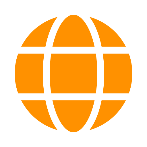 Orange globe icon with black latitude and longitude lines on a black background.