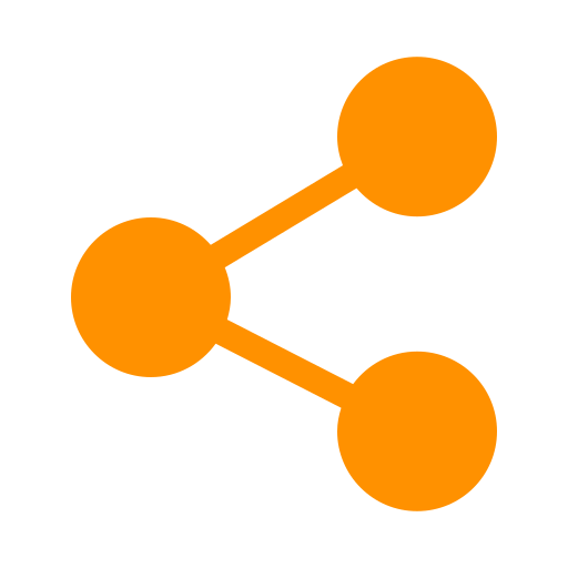 Icon representing a share or connection network with three orange circles linked by lines.