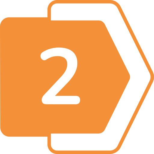 Icon of a stopwatch with the number 2 inside, outlined in black and orange.