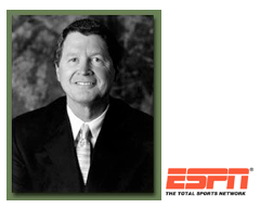 Black and white portrait of a man in a suit with a logo of ESPN in the bottom right corner.