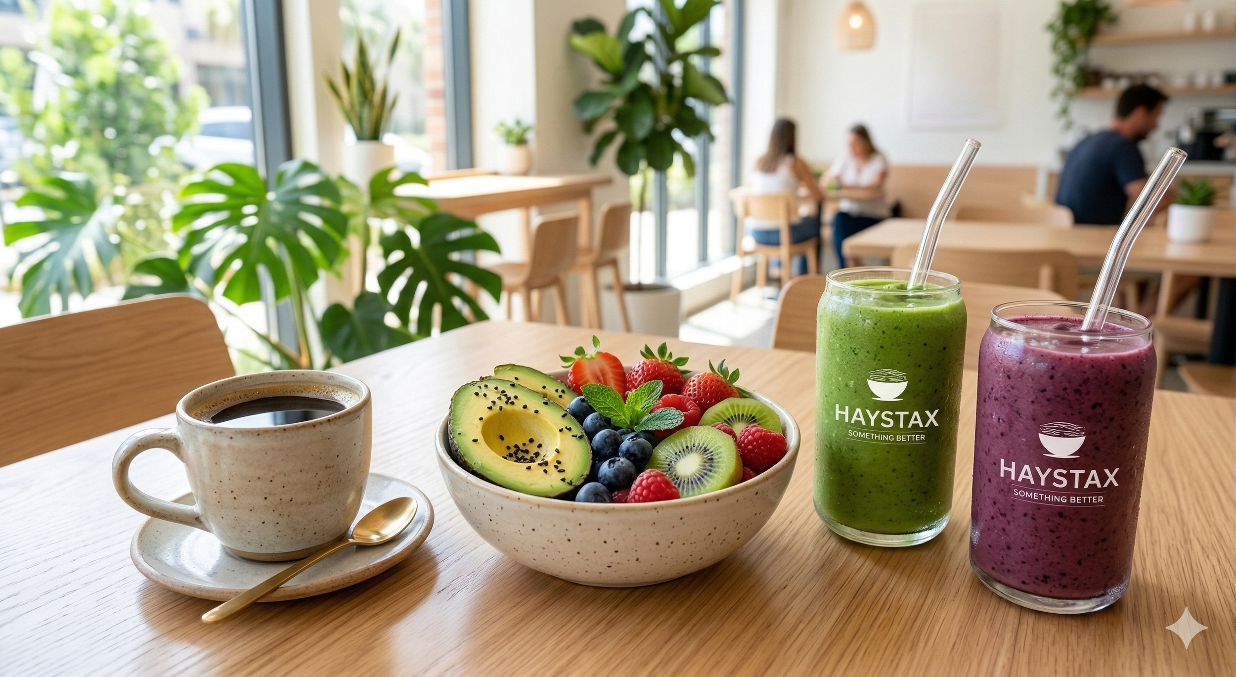 A cup of black coffee, a bowl of mixed berries with avocado, and two smoothies labeled 'Haystax' on a wooden table in a bright cafe with green plants and people dining in the background.