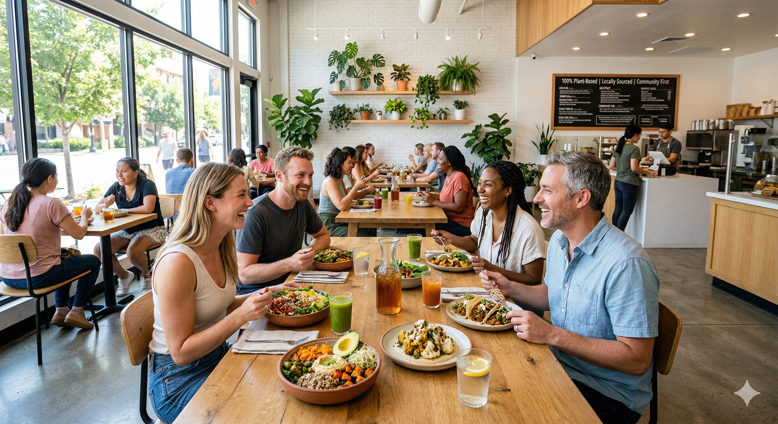 People enjoying a meal together at a restaurant with large windows, plants on the wall, and a menu board in the background.