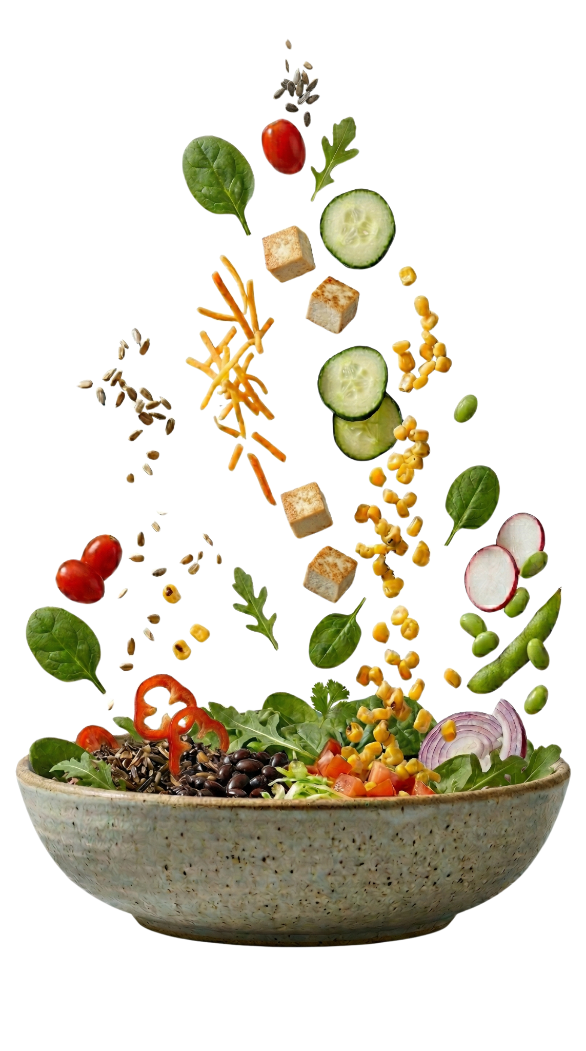 A colorful salad bowl with various fresh vegetables and ingredients, including cherry tomatoes, spinach, cucumber slices, radishes, black beans, corn, red bell pepper, red onion, and shredded cheese, with some ingredients appearing to be mid-air as if tossed.