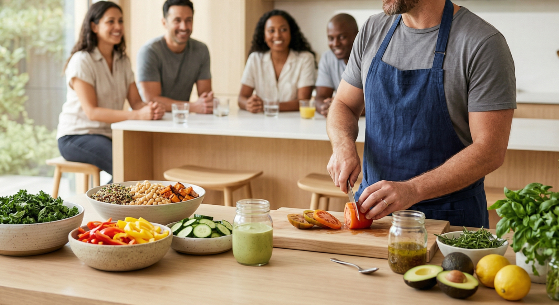 A man wearing a blue apron slicing tomatoes in a bright kitchen with a group of people watching and smiling in the background. The kitchen island is filled with bowls of vegetables, grains, and condiments, including lettuce, chickpeas, mixed peppers, cucumber, avocado, lemon, and herbs.
