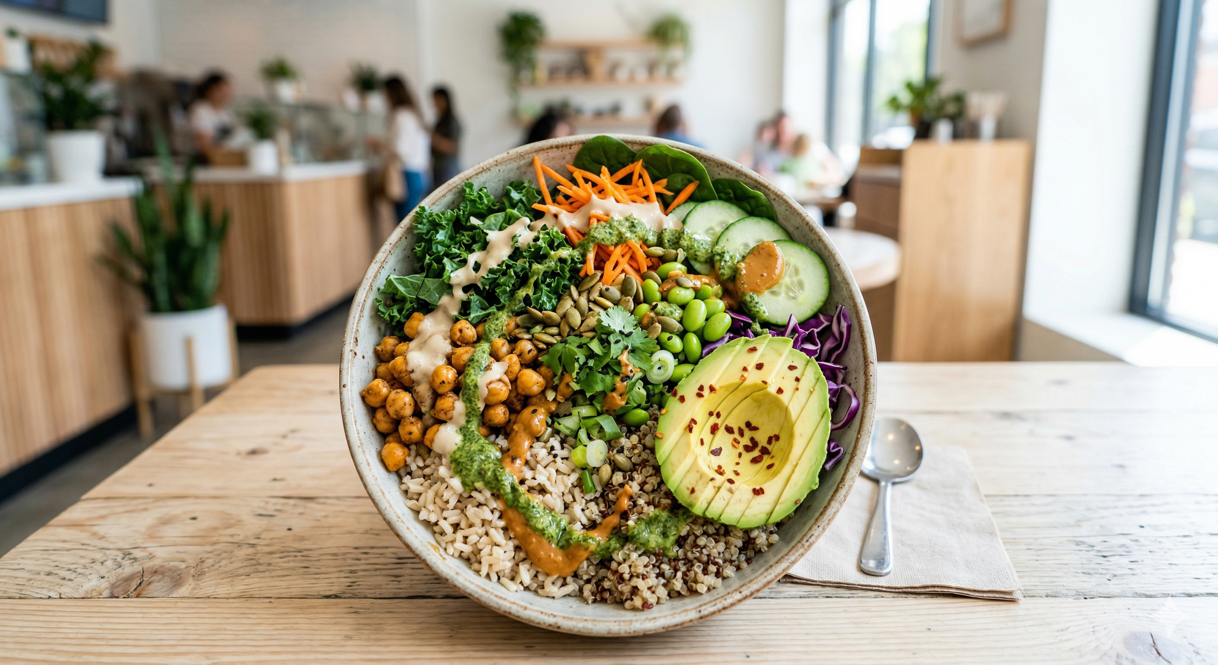 A colorful vegan salad with avocado, shredded carrots, cucumber slices, purple cabbage, chickpeas, edamame, and various greens in a bowl on a wooden table inside a cozy cafe.