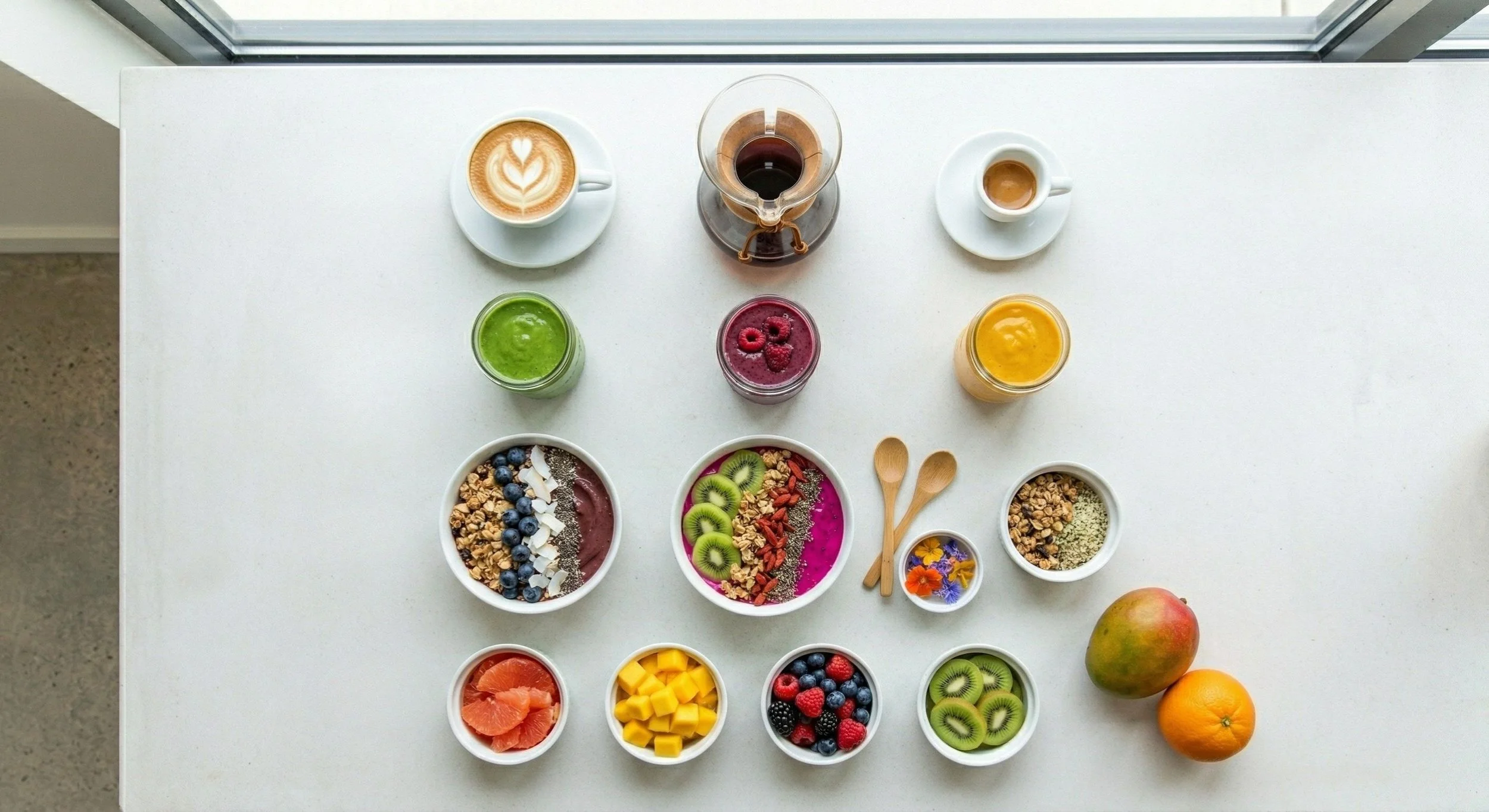 Overhead view of a white table with various breakfast foods including coffee, tea, smoothie bowls with fruit and granola, fruit slices, and a glass of juice, with two spoons and a mango and orange on the side.