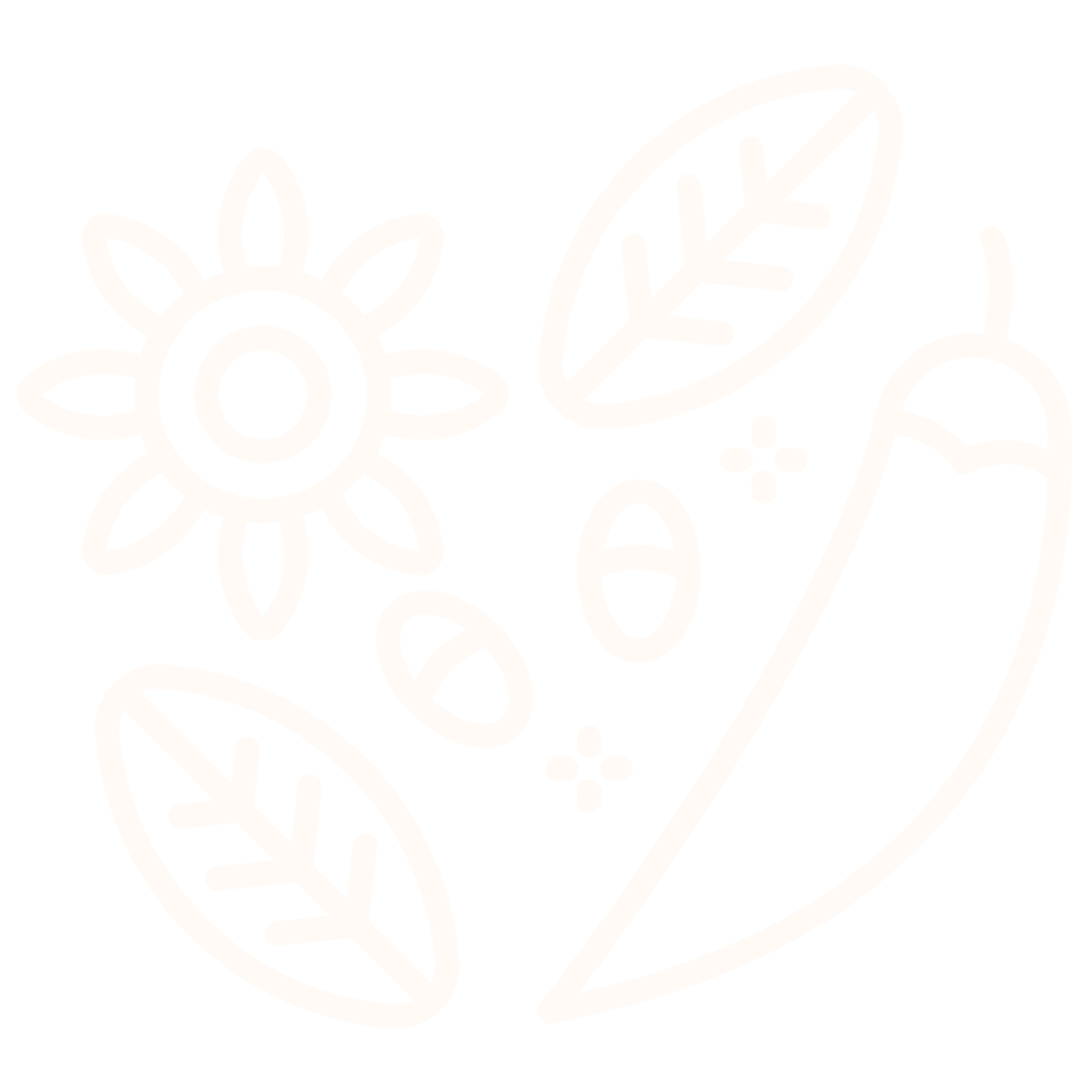 Line drawing of leaves, a sunflower, and small abstract shapes on a black background.