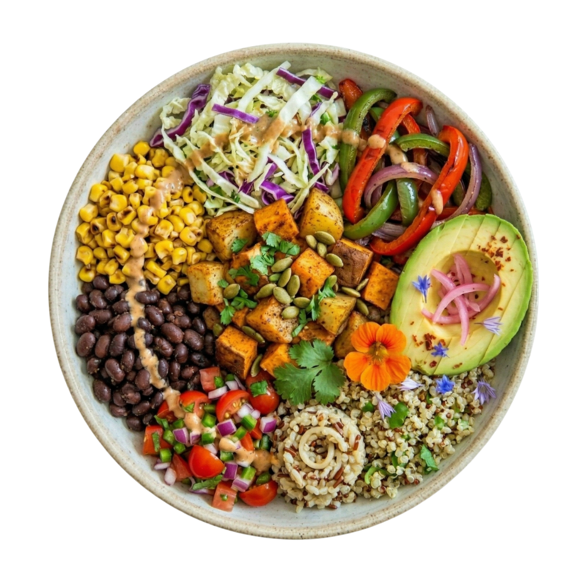 Colorful vegan Buddha bowl with black beans, corn, pico de gallo, roasted sweet potatoes, quinoa, avocado slices, and sautéed peppers and onions, garnished with edible flowers and seeds.