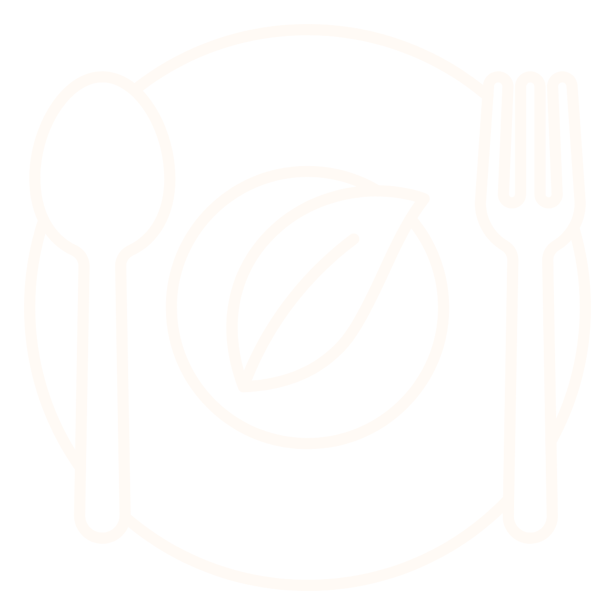 Line drawing of a plate with a leaf on it, flanked by a spoon on the left and a fork on the right.