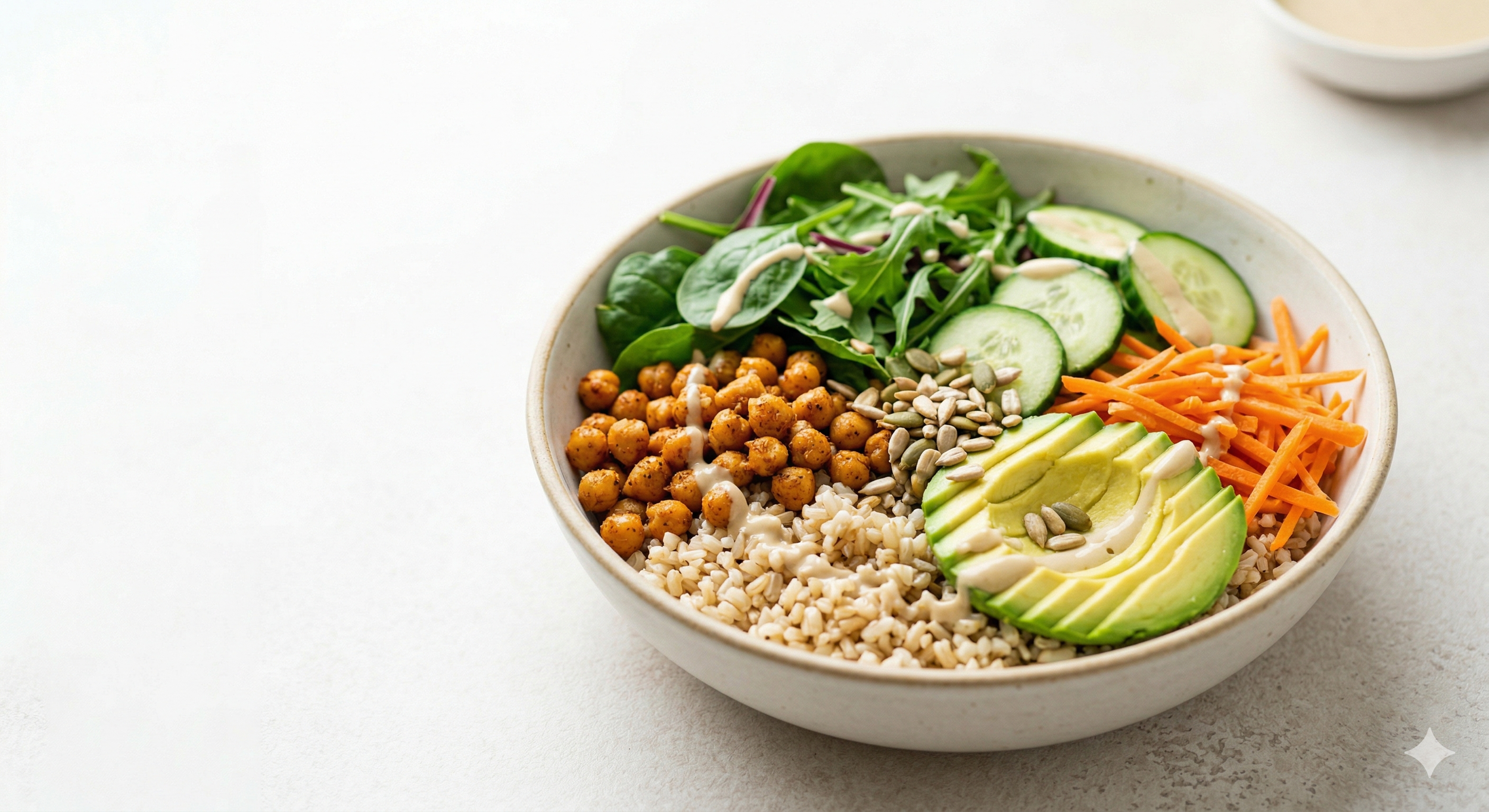 A bowl of salad with spinach, cucumber, shredded carrots, sliced avocado, sunflower seeds, roasted chickpeas, and rice, with some drizzled dressing on top.