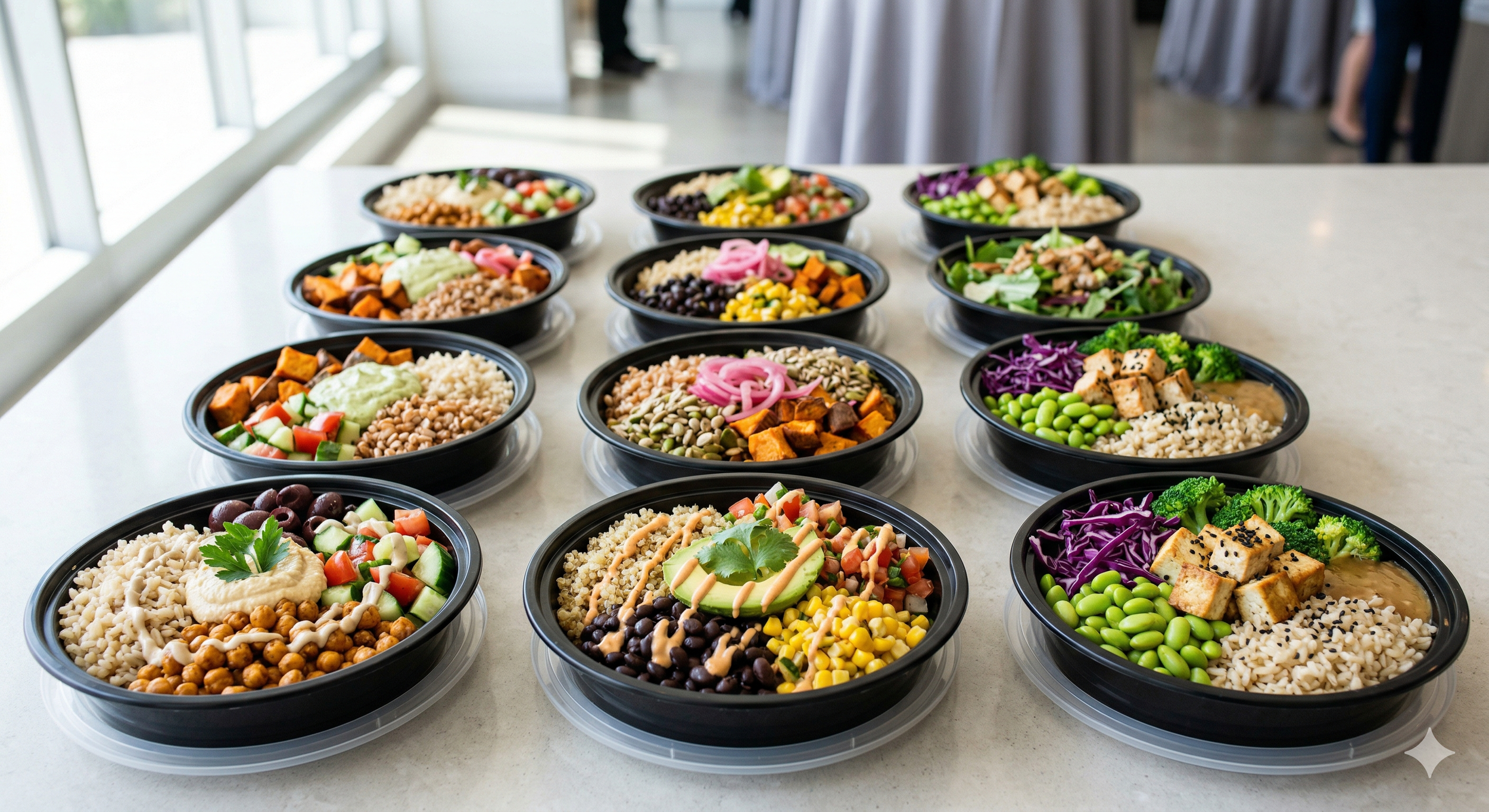 Multiple black bowls filled with various colorful salads on a white table inside a room.