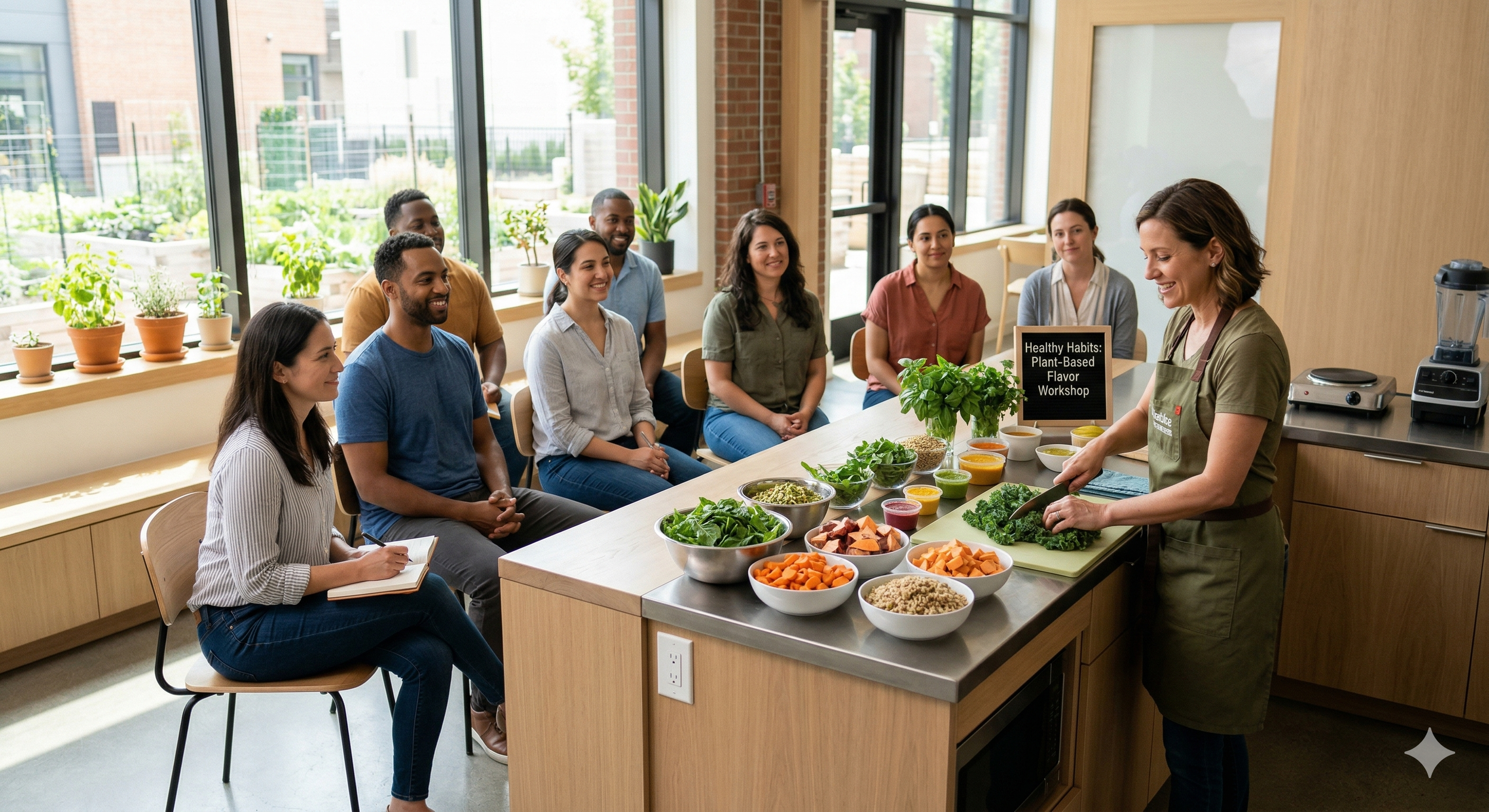 A woman leading a plant-based cooking workshop in front of a seated group of diverse people in a bright kitchen with large windows and potted plants outside. The table has bowls of vegetables and ingredients, and a small sign reads 'Healthy Habits: Plant-Based Flavor Workshop'.