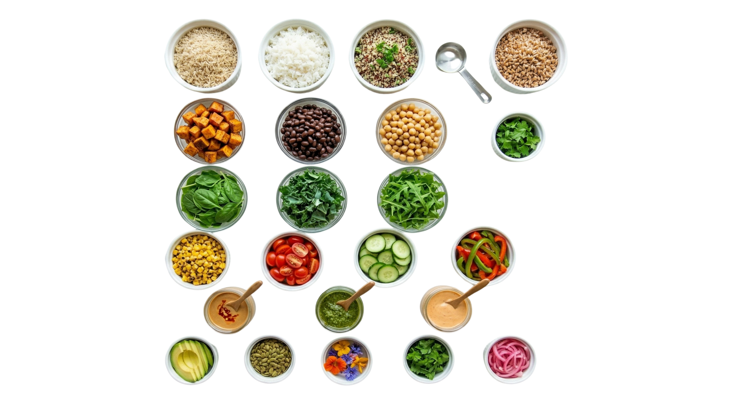 A diagram showing ingredients for a vegan salad, including rice, diced tofu, spinach, corn, cherry tomatoes, cucumber, bell peppers, red onion, dressings, chickpeas, chickpeas, chickpeas, and various herbs.