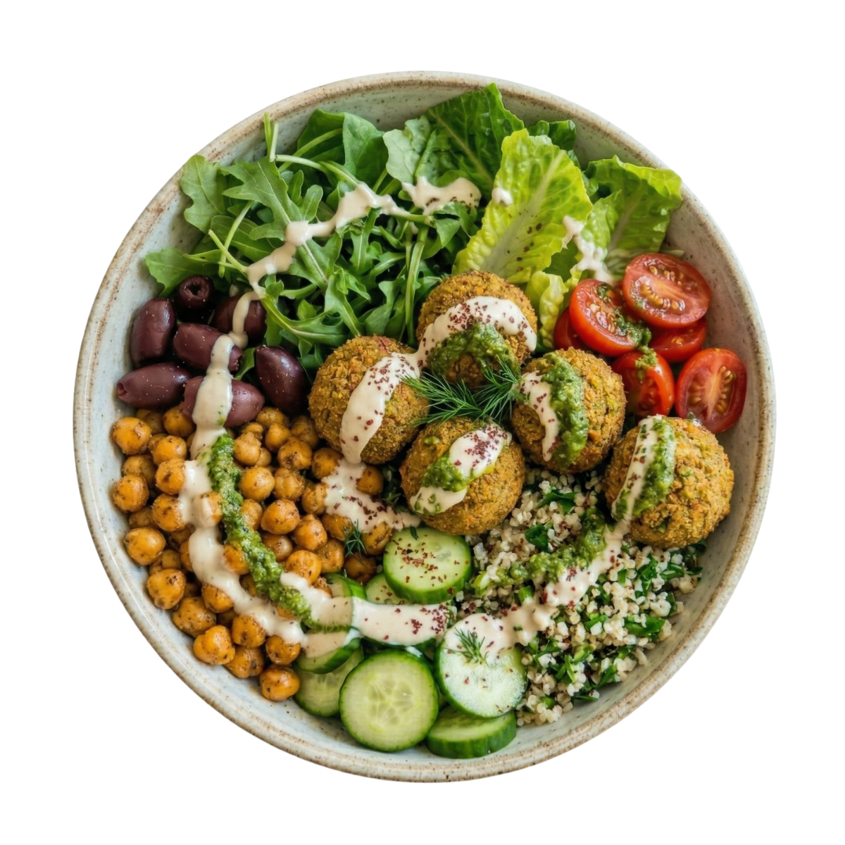 Vegetarian bowl with leafy greens, cherry tomatoes, falafel, cucumber slices, roasted chickpeas, olives, and drizzled dressings.