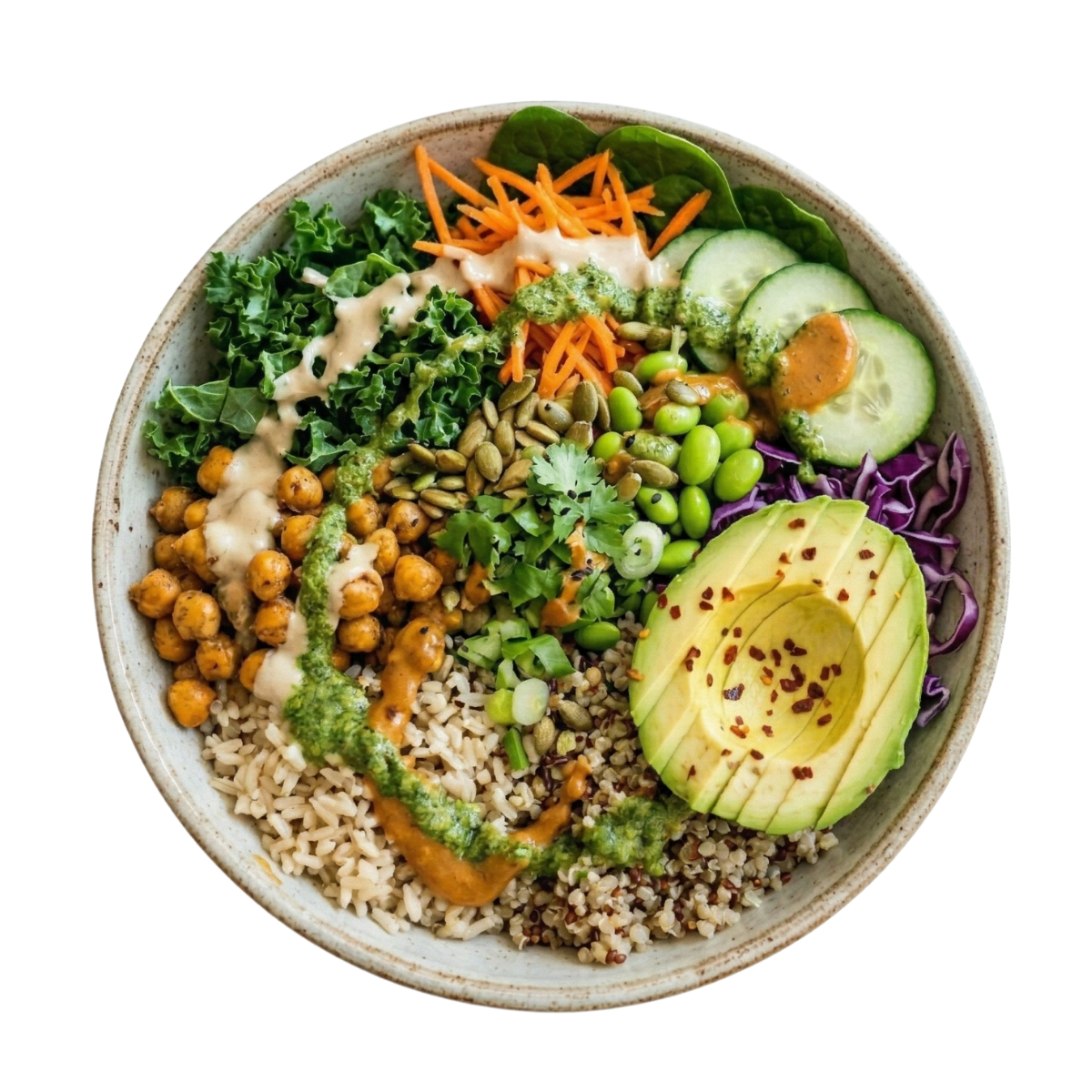 A bowl of mixed greens, shredded carrots, sliced cucumbers with dressing, roasted chickpeas, sunflower seeds, edamame, shredded purple cabbage, sliced avocado with red pepper flakes, cooked rice, and brown grain.