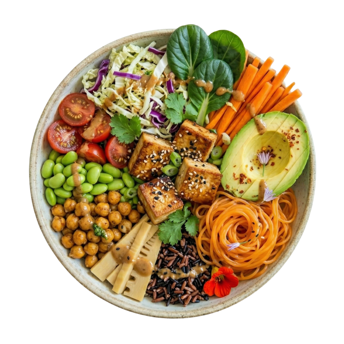 A colorful Buddha bowl with mixed greens, cherry tomatoes, edamame, chickpeas, tofu, avocado, shredded cabbage, carrots, noodles, bamboo shoots, black rice, and garnished with herbs and edible flowers.