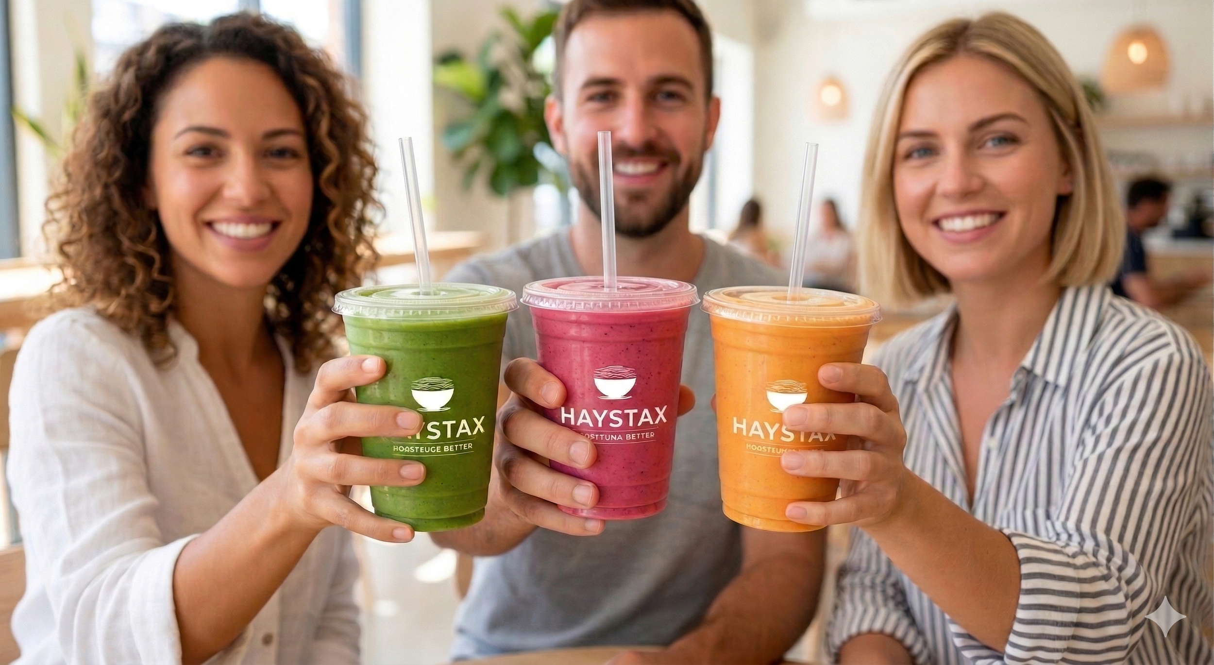 Three cheerful friends holding colorful smoothies with straws inside a bright cafe. The smoothies are green, pink, and orange, each branded with 'HAYSTAX' and the slogan 'HOESTUEGE BETTER.' The friends are smiling at the camera, with the cafe's warm, well-lit interior in the background.