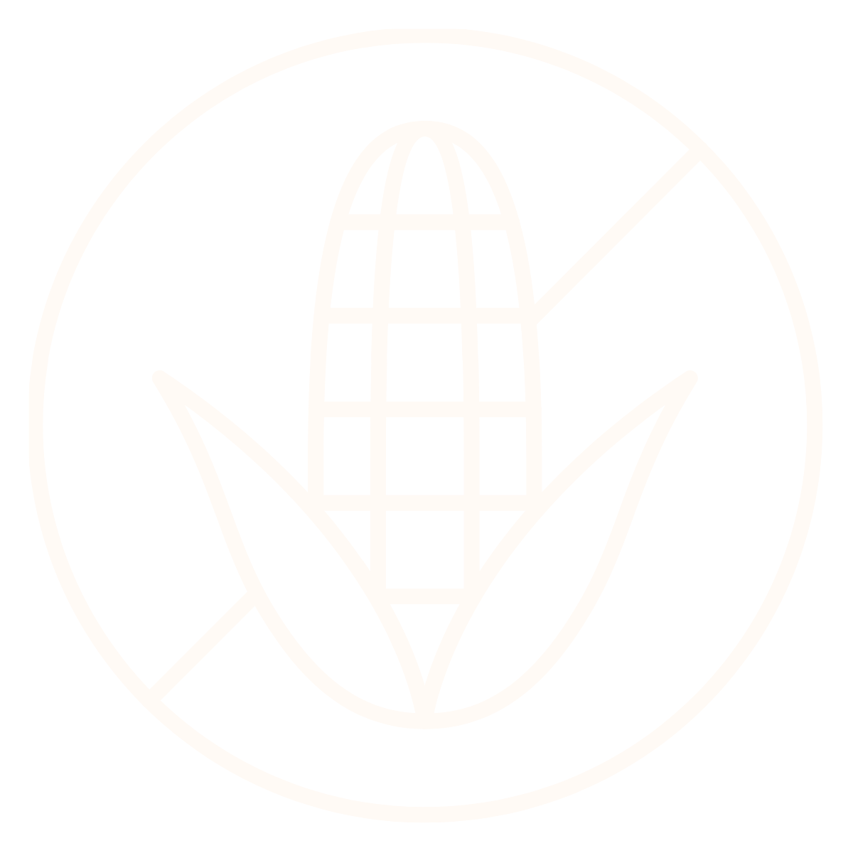 Illustration of corn in a circle with a slash through it, indicating no corn.