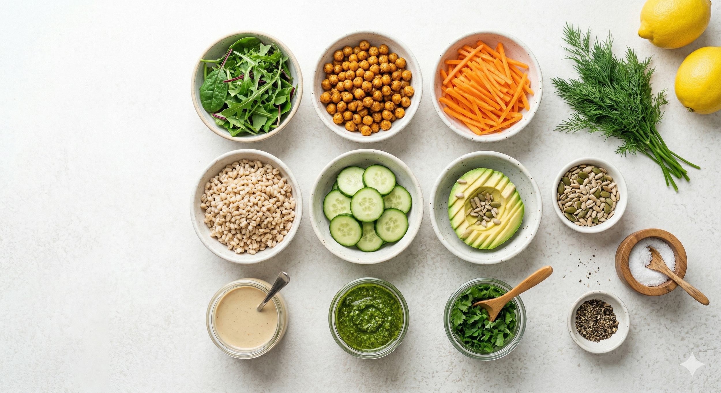 Bowls of chopped vegetables, seeds, and dressings for a salad, including greens, chickpeas, shredded carrots, cucumber slices, avocado, sunflower seeds, and various sauces on a white surface with lemons and herbs in the background.