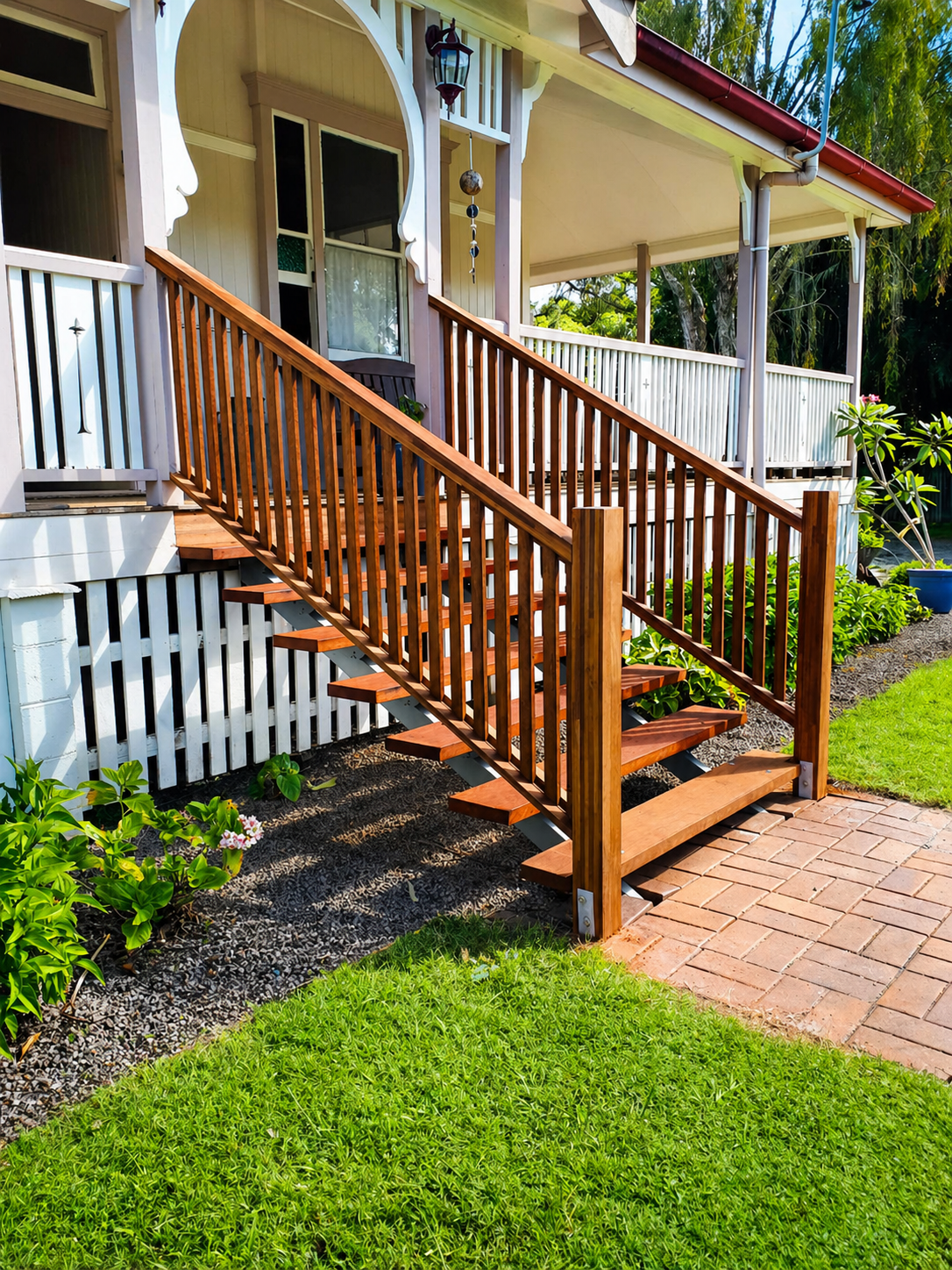 Wooden staircase leading up to a porch of a house, with white and beige exterior paint, surrounded by green grass and plants.