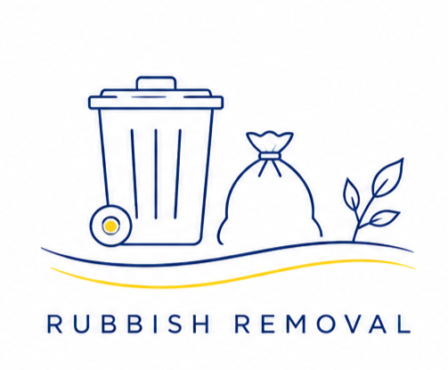 Line drawing of a trash can, a trash bag, and leaves with the words "Rubbish Removal" underneath.