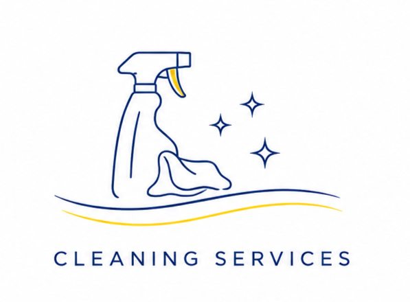 Logo of a cleaning service with a spray bottle, cloth, and sparkling stars, and the text 'Cleaning Services'.